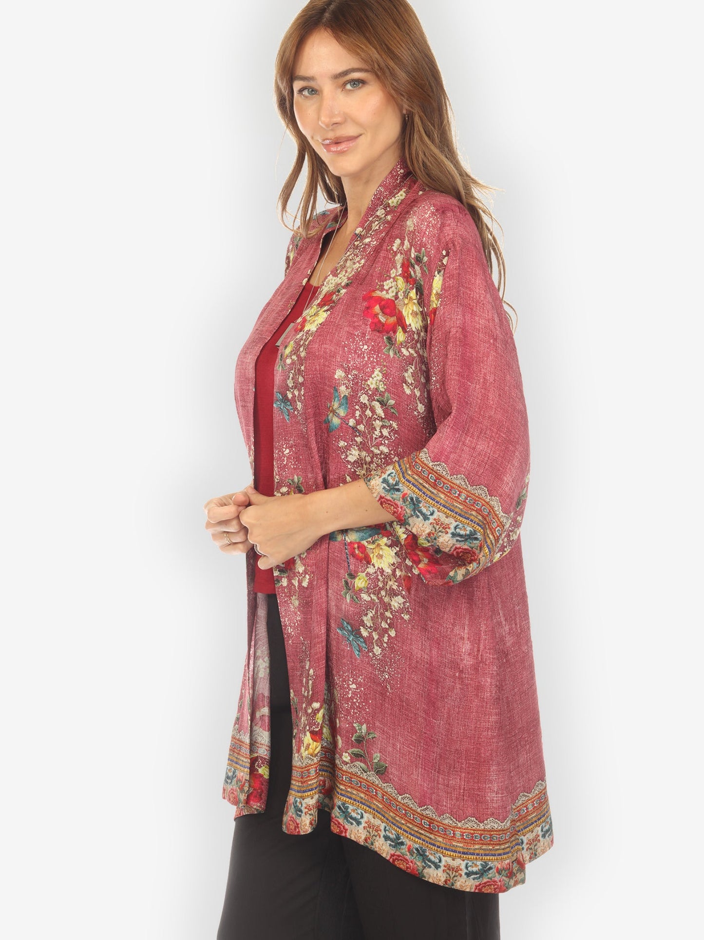 Open Front Kimono Dragonfly and Waterlilies Silk Kimono Jacket