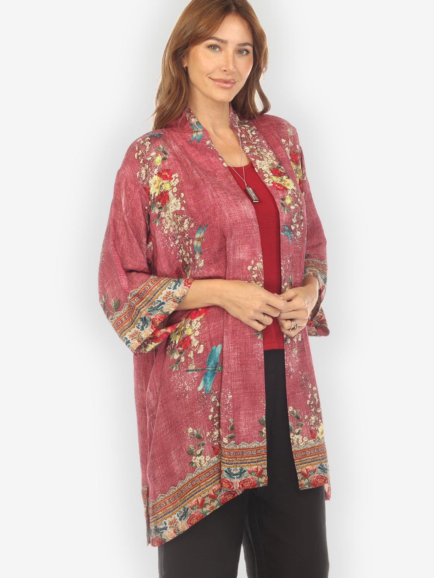 Open Front Kimono Dragonfly and Waterlilies Silk Kimono Jacket