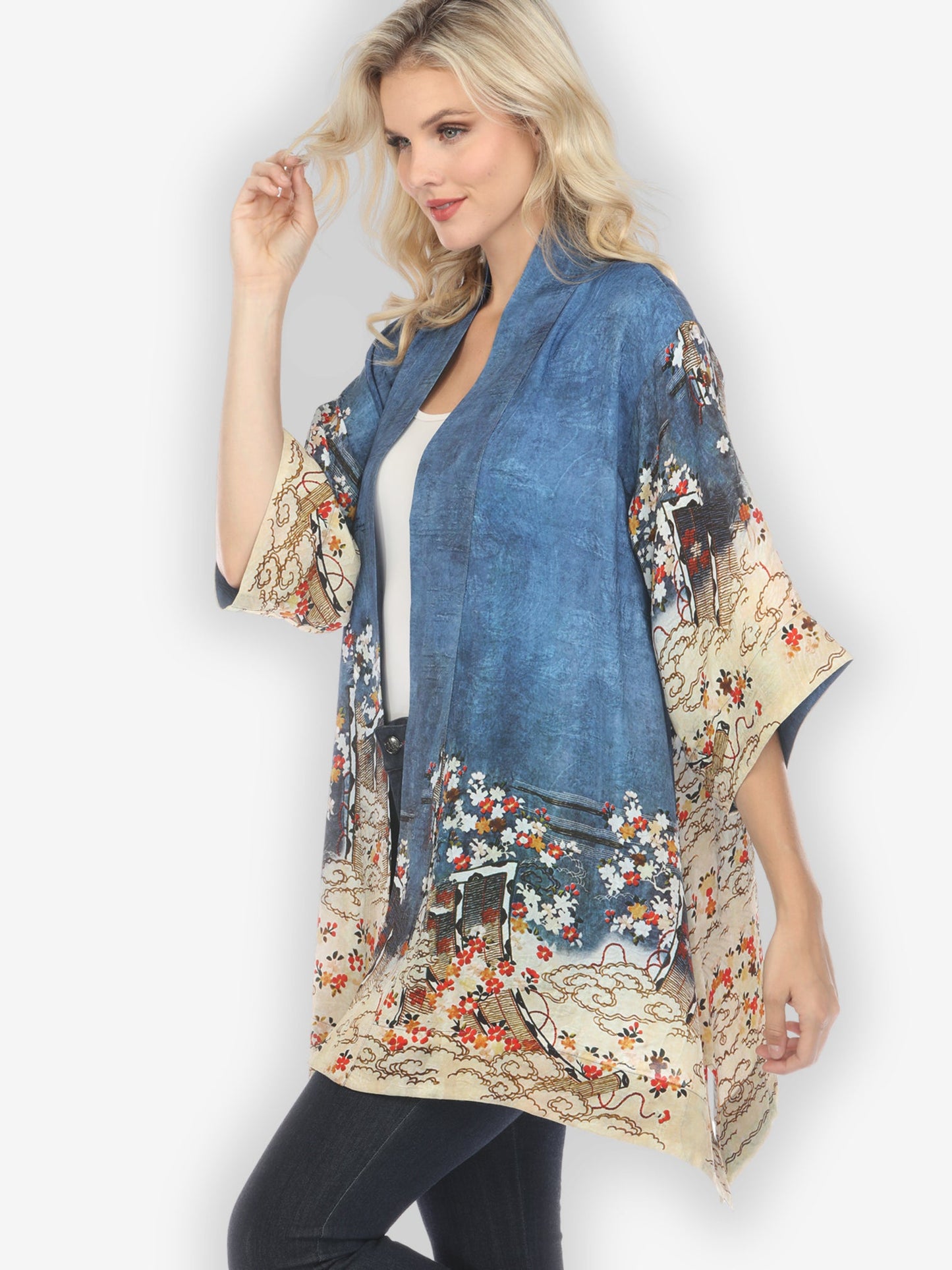 Jackets Edo Art Indigo Silk Blend Kimono Jacket