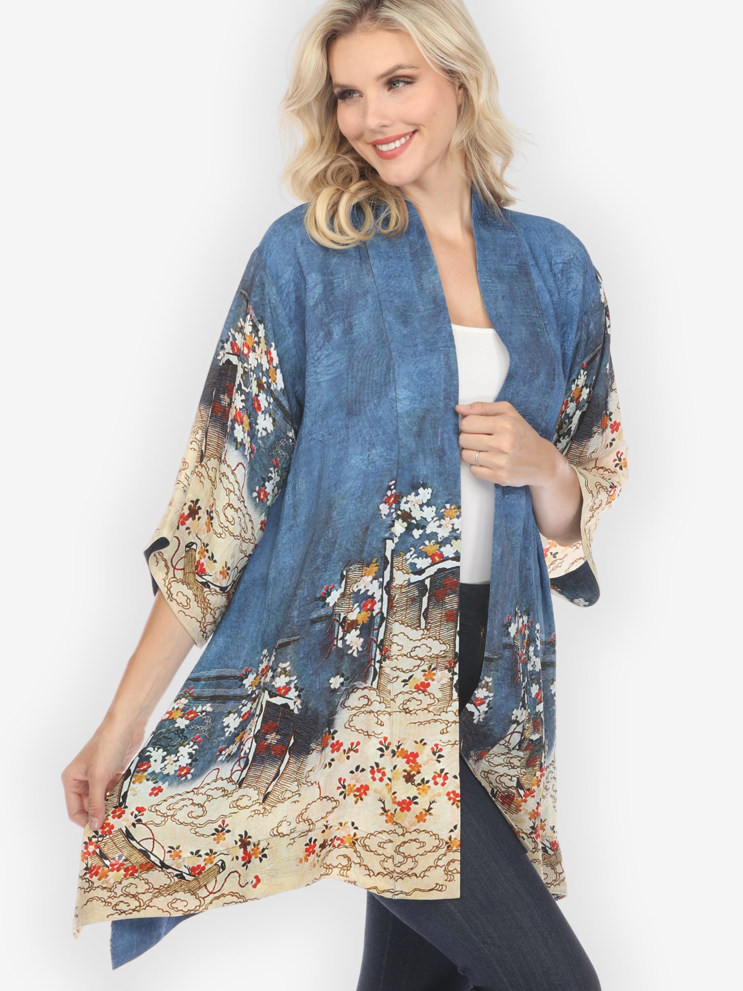 Jackets Edo Art Indigo Silk Blend Kimono Jacket