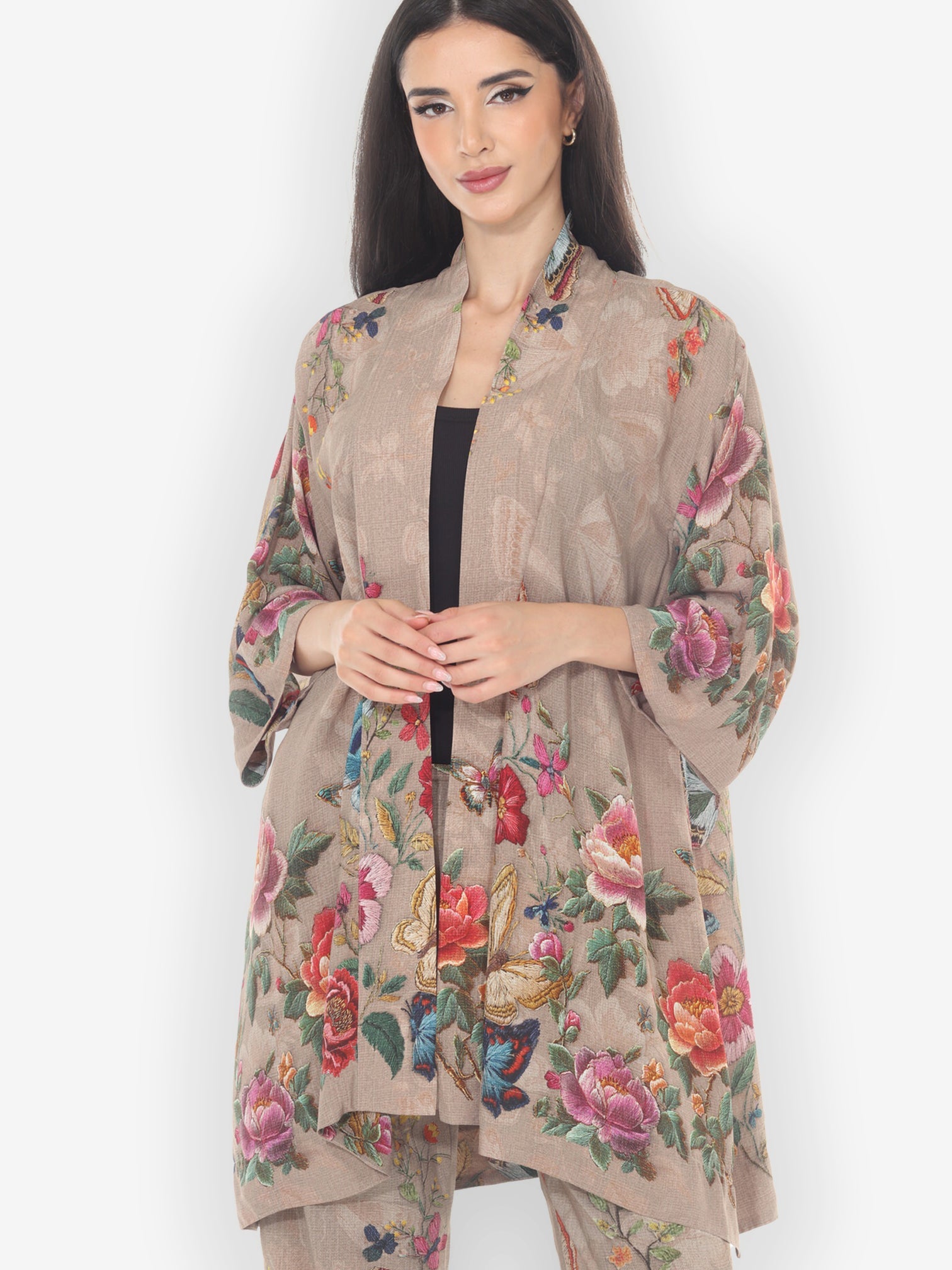 Open Front Kimono Embroidery Butterfly and Flower Kimono Jacket