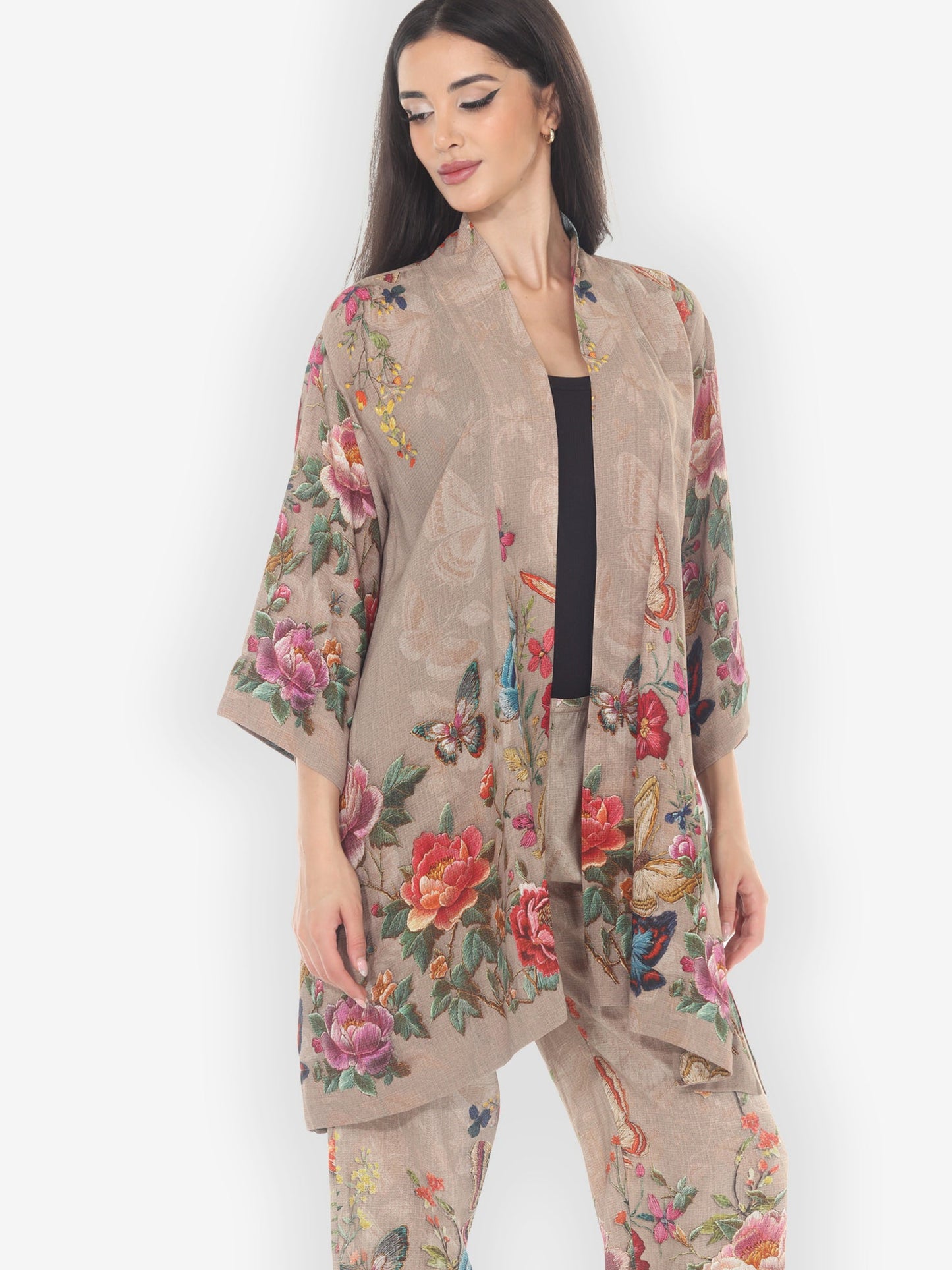 Open Front Kimono Embroidery Butterfly and Flower Kimono Jacket