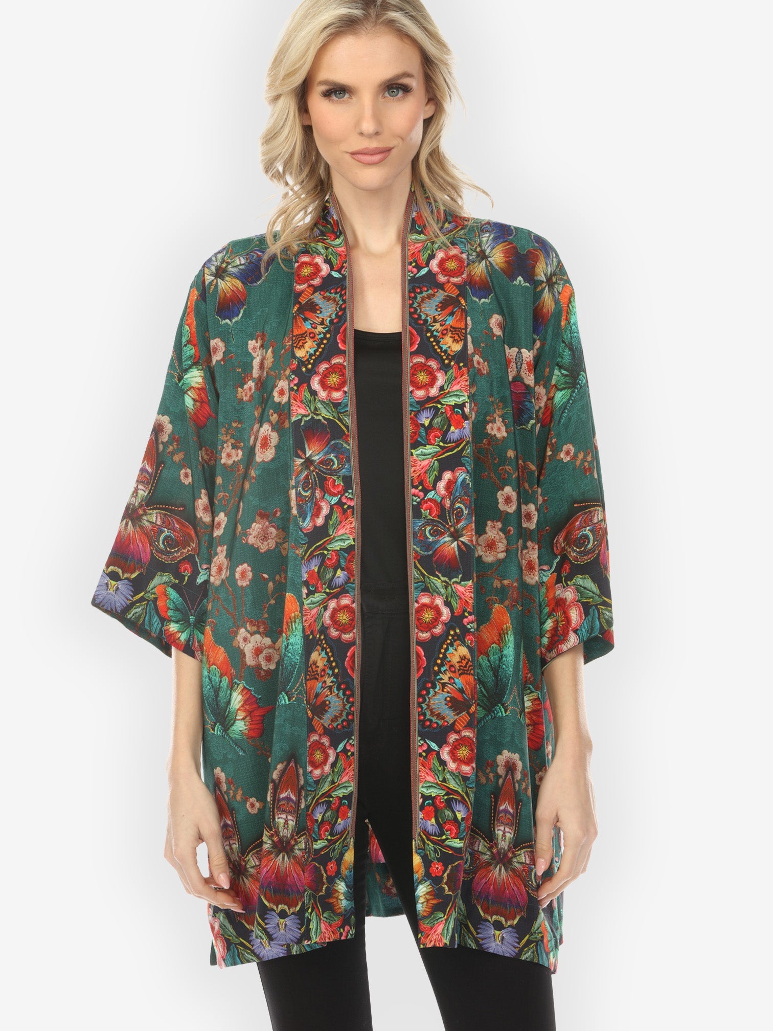Open Front Kimono Embroidery Butterflies Blossom Silk Kimono Jacket