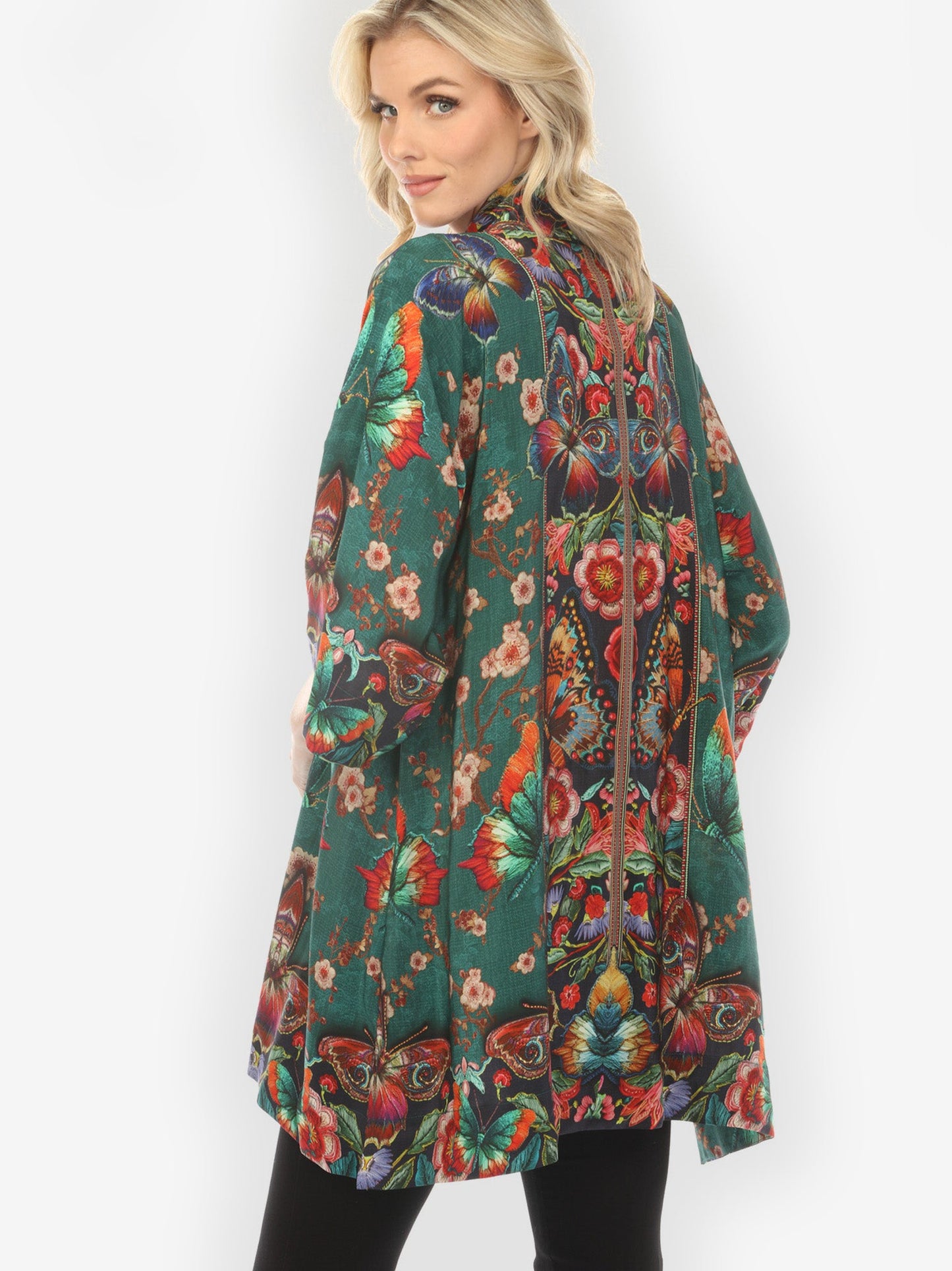 Open Front Kimono Embroidery Butterflies Blossom Silk Kimono Jacket