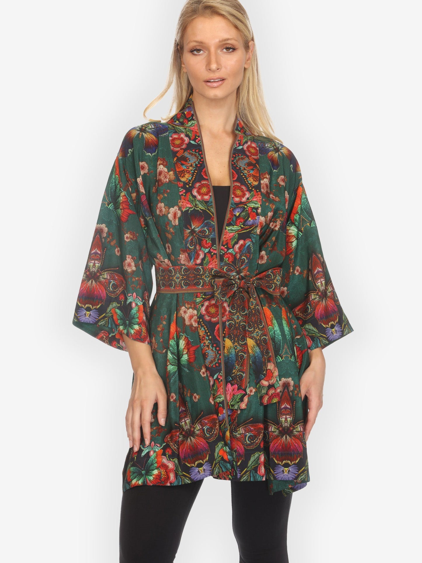 Open Front Kimono Embroidery Butterflies Blossom Silk Kimono Jacket
