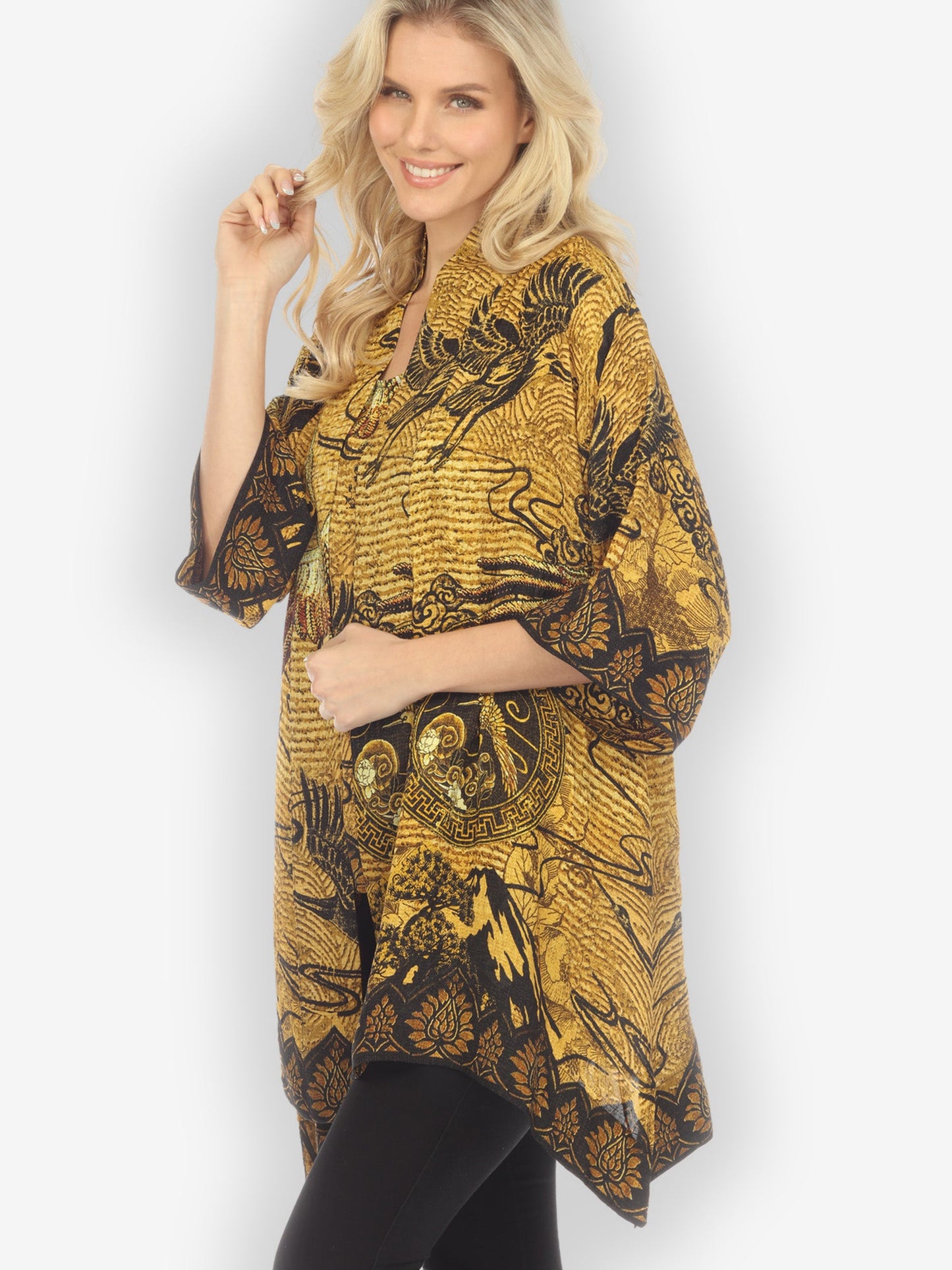 Jackets Elegant Crane Design Silk Kimono Jacket