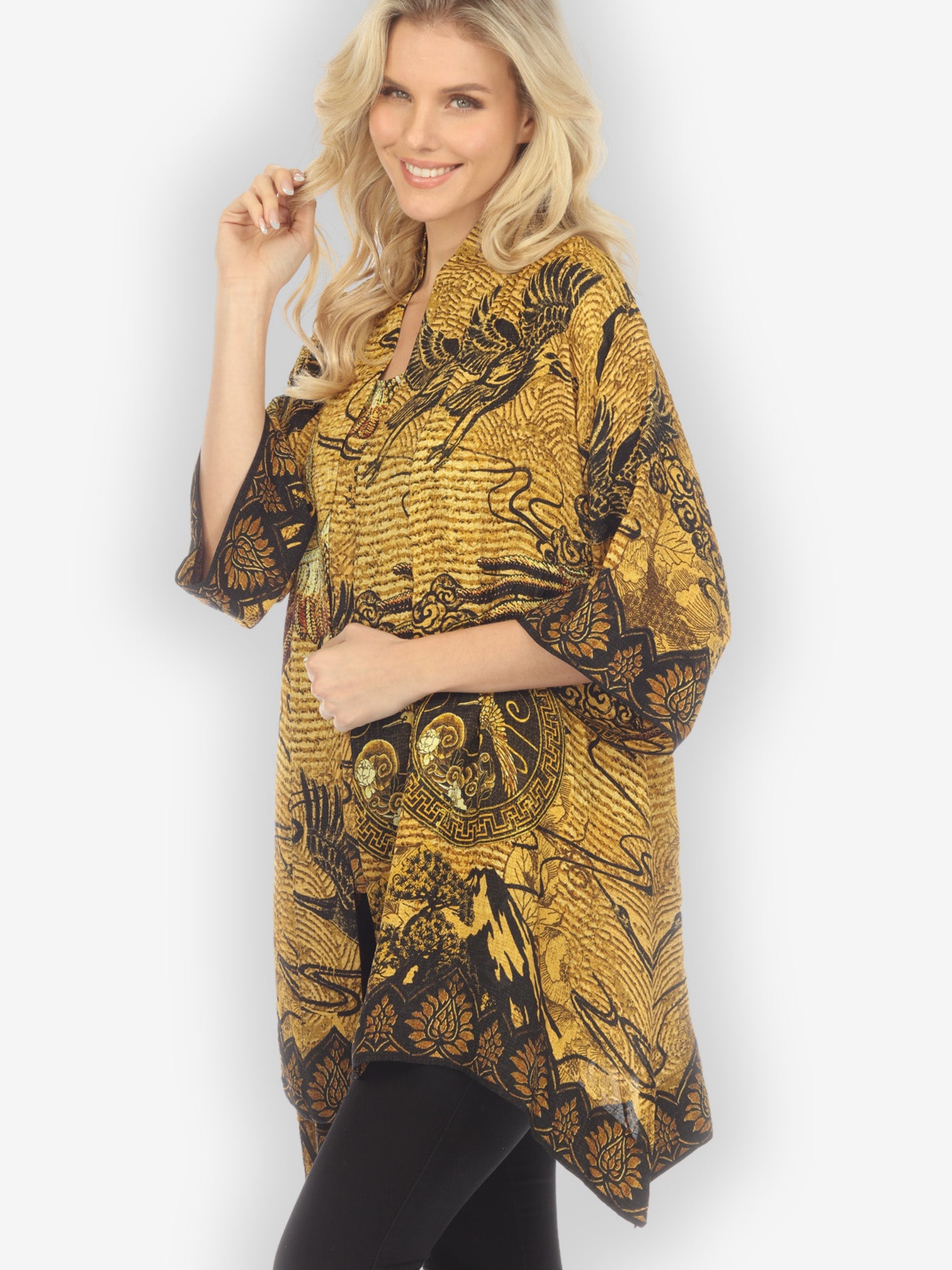 Jackets Elegant Crane Design Silk Kimono Jacket