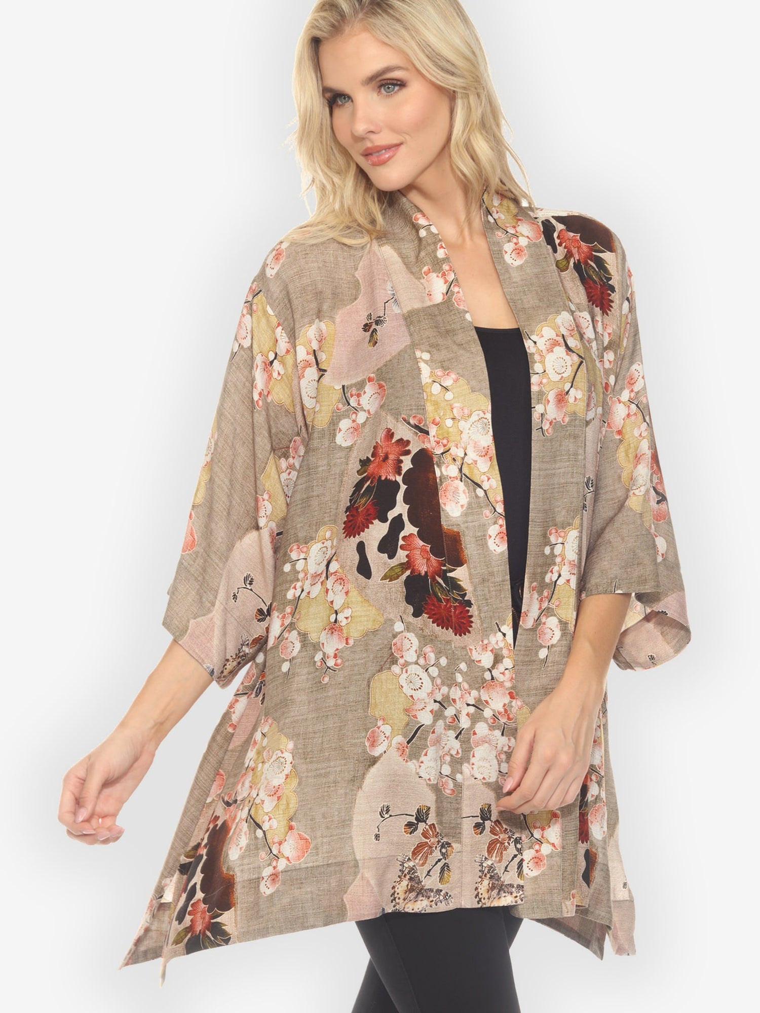 Open Front Kimono Fans Cherry Blossom Kimono Jacket