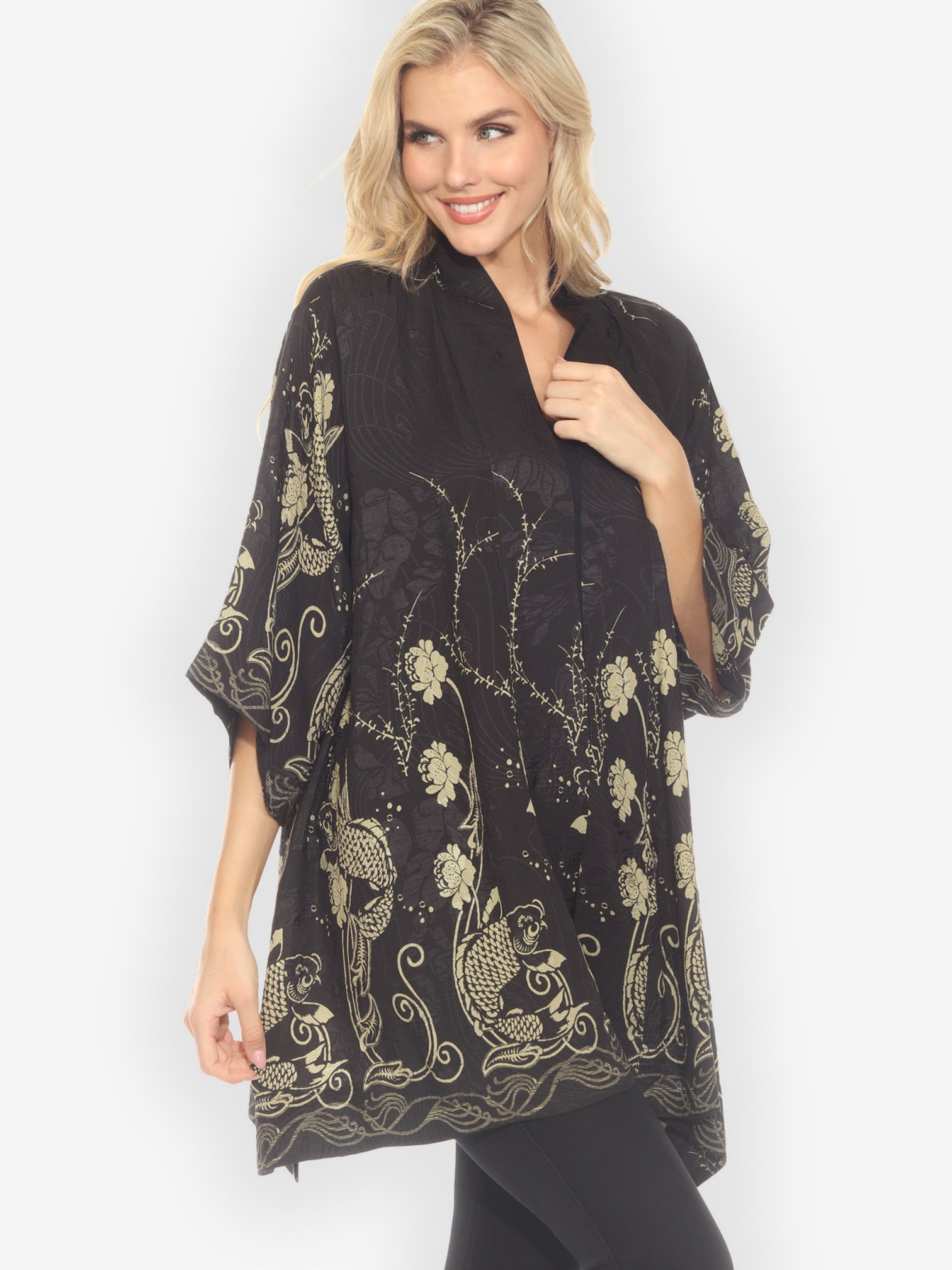 Open Front Kimono Graceful Fish Flowers in Black Silk Kimono Jacket