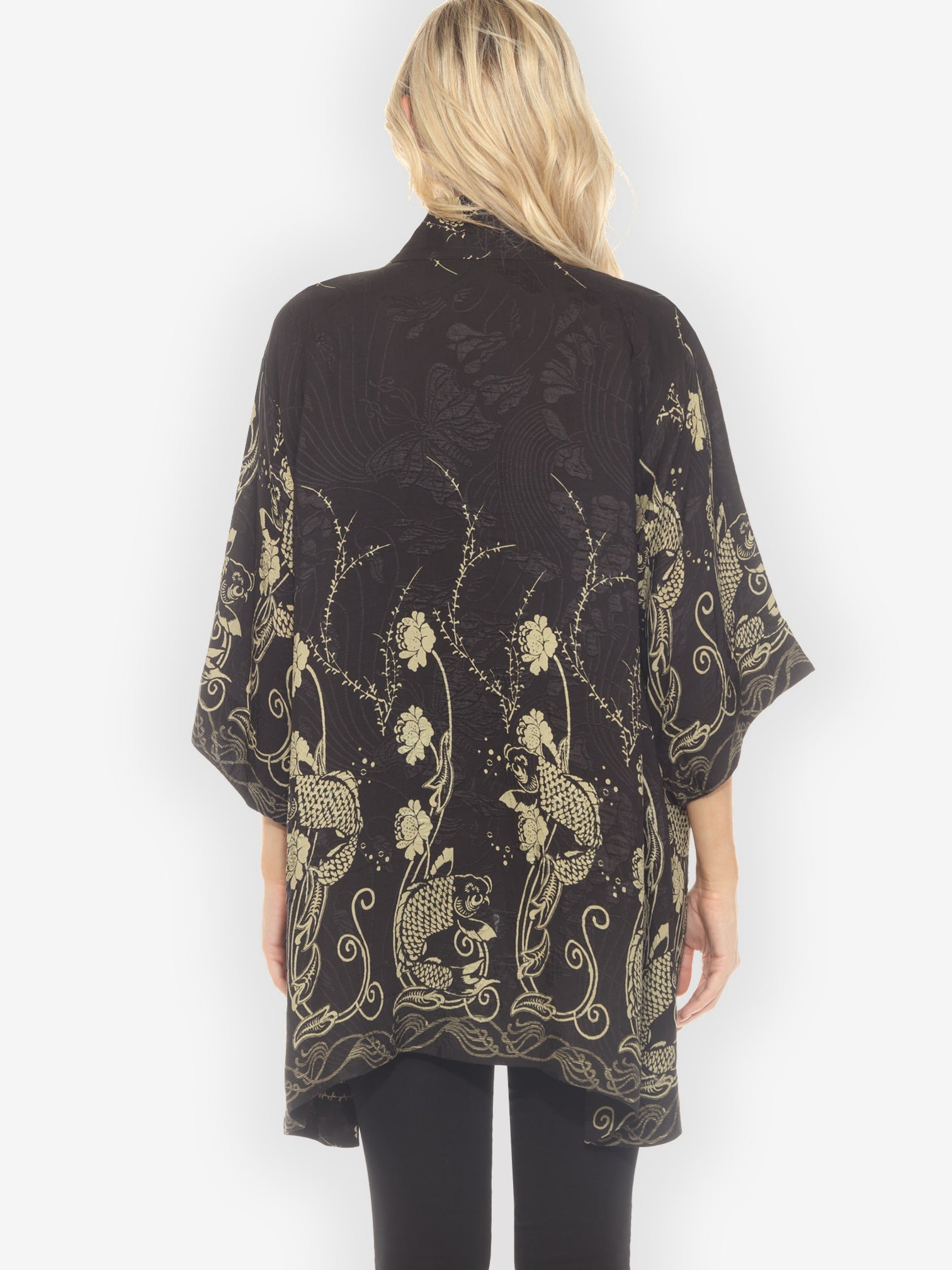Open Front Kimono Graceful Fish Flowers in Black Silk Kimono Jacket