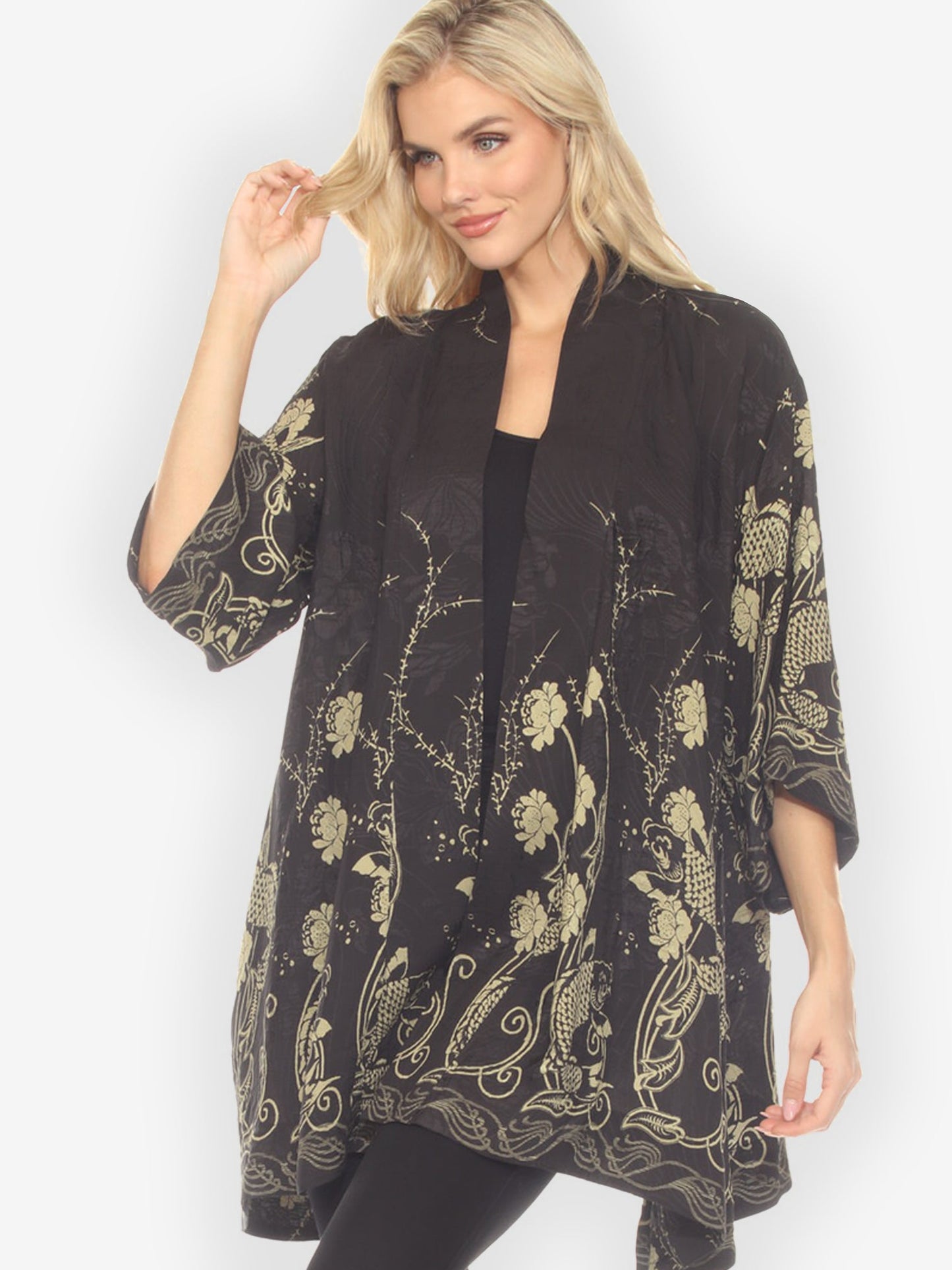 Open Front Kimono Graceful Fish Flowers in Black Silk Kimono Jacket