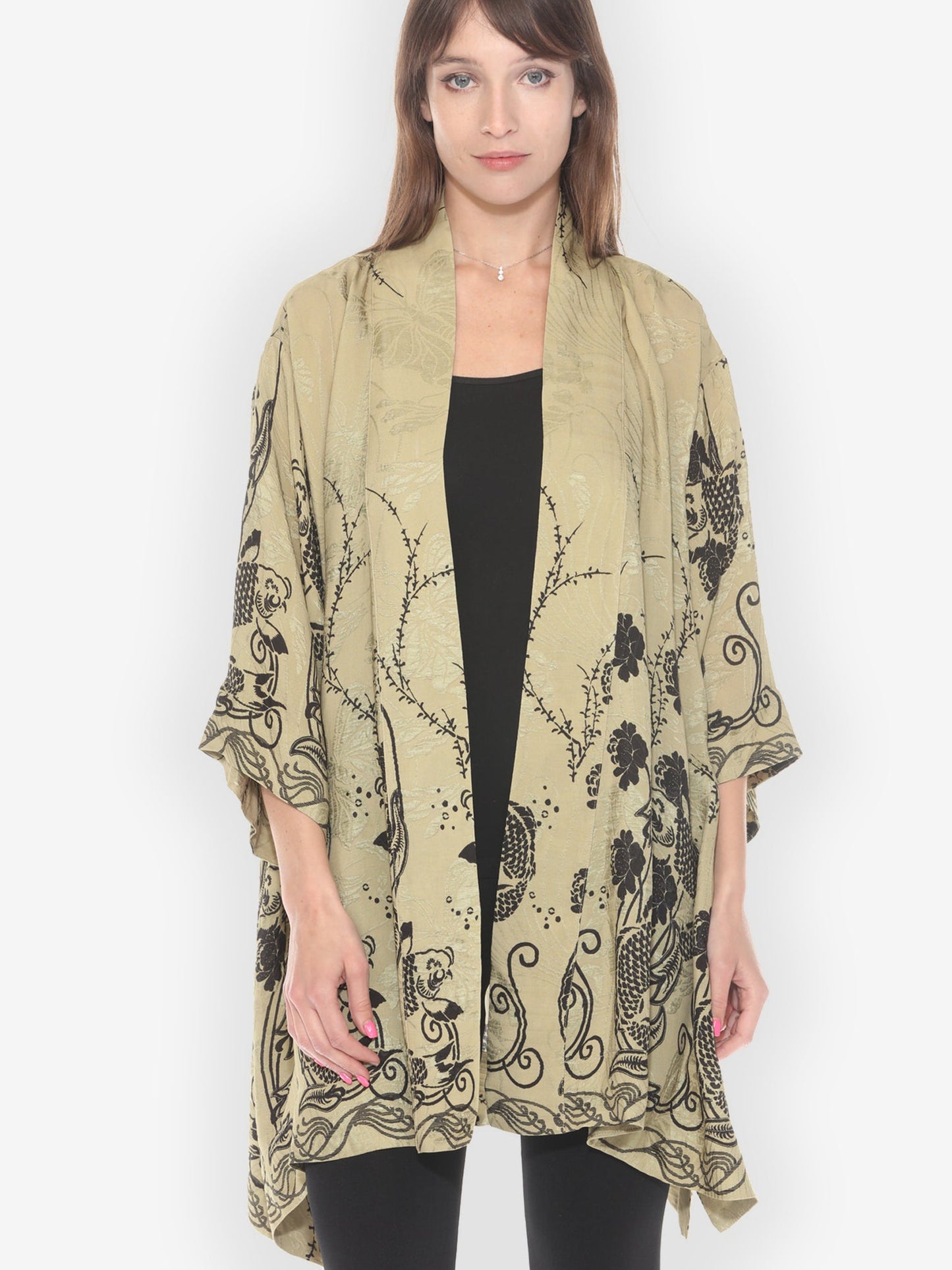 Open Front Kimono Graceful Fish Flowers in Khaki Kimono Jacket