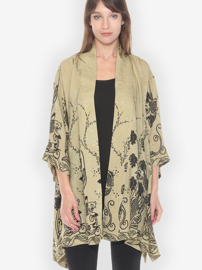 Open Front Kimono Graceful Fish Flowers in Khaki Kimono Jacket