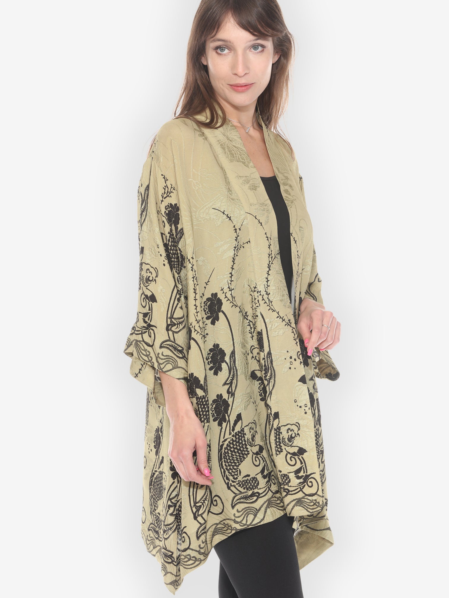 Open Front Kimono Graceful Fish Flowers in Khaki Kimono Jacket