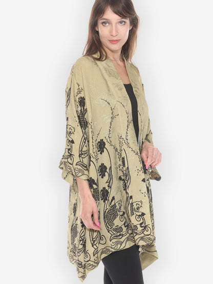 Open Front Kimono Graceful Fish Flowers in Khaki Kimono Jacket