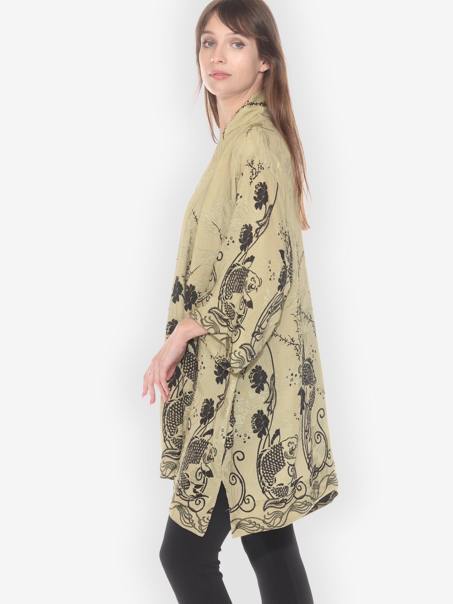 Open Front Kimono Graceful Fish Flowers in Khaki Kimono Jacket