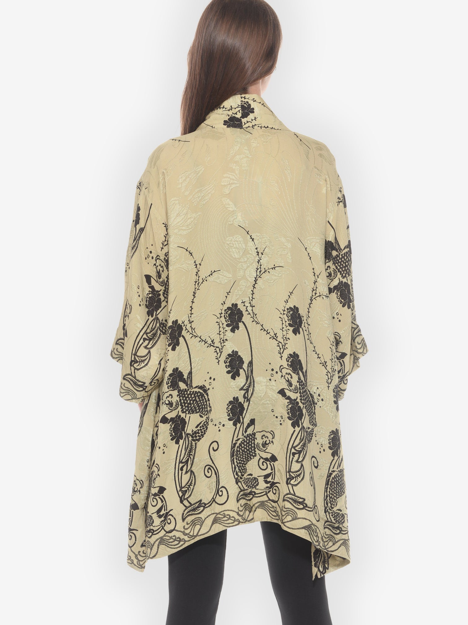 Open Front Kimono Graceful Fish Flowers in Khaki Kimono Jacket
