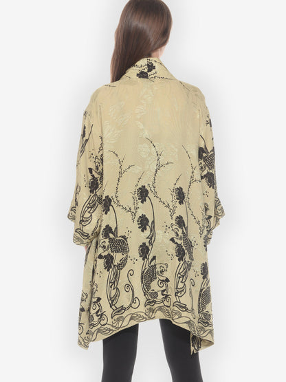 Open Front Kimono Graceful Fish Flowers in Khaki Kimono Jacket