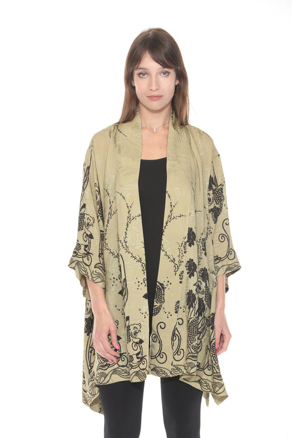 Citron Graceful Fish Flowers in Khaki Kimono