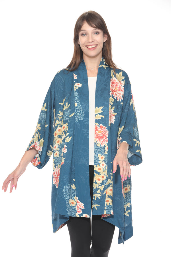 Citron Indigo Shibori Flowers Kimono