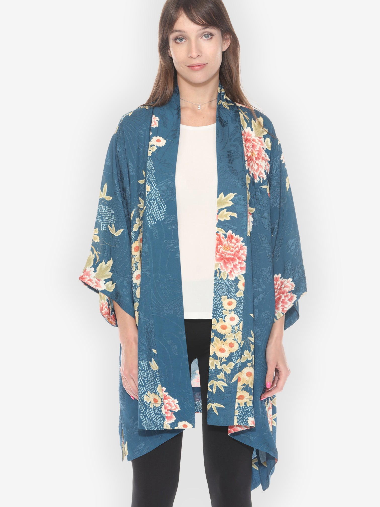 Open Front Kimono Indigo Shibori Flowers Silk Kimono Jacket