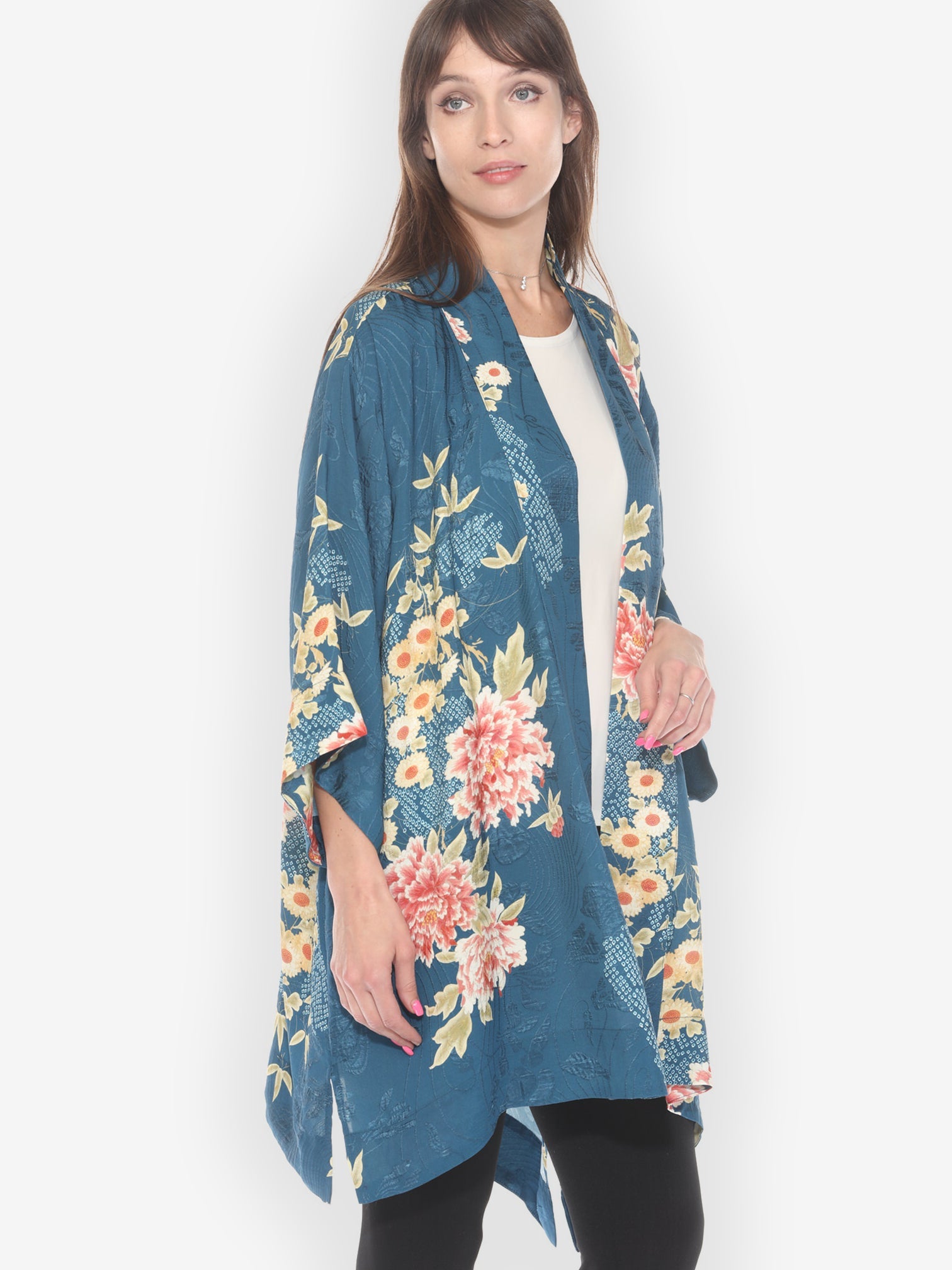 Open Front Kimono Indigo Shibori Flowers Silk Kimono Jacket