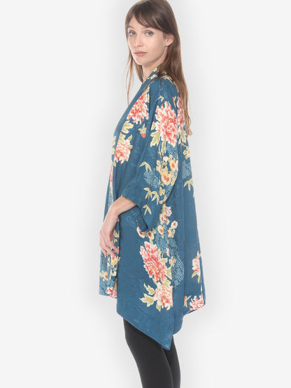 Open Front Kimono Indigo Shibori Flowers Silk Kimono Jacket