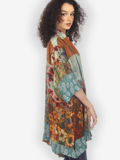 Open Front Kimono Top Joy Bloom Border Silk Kimono Top