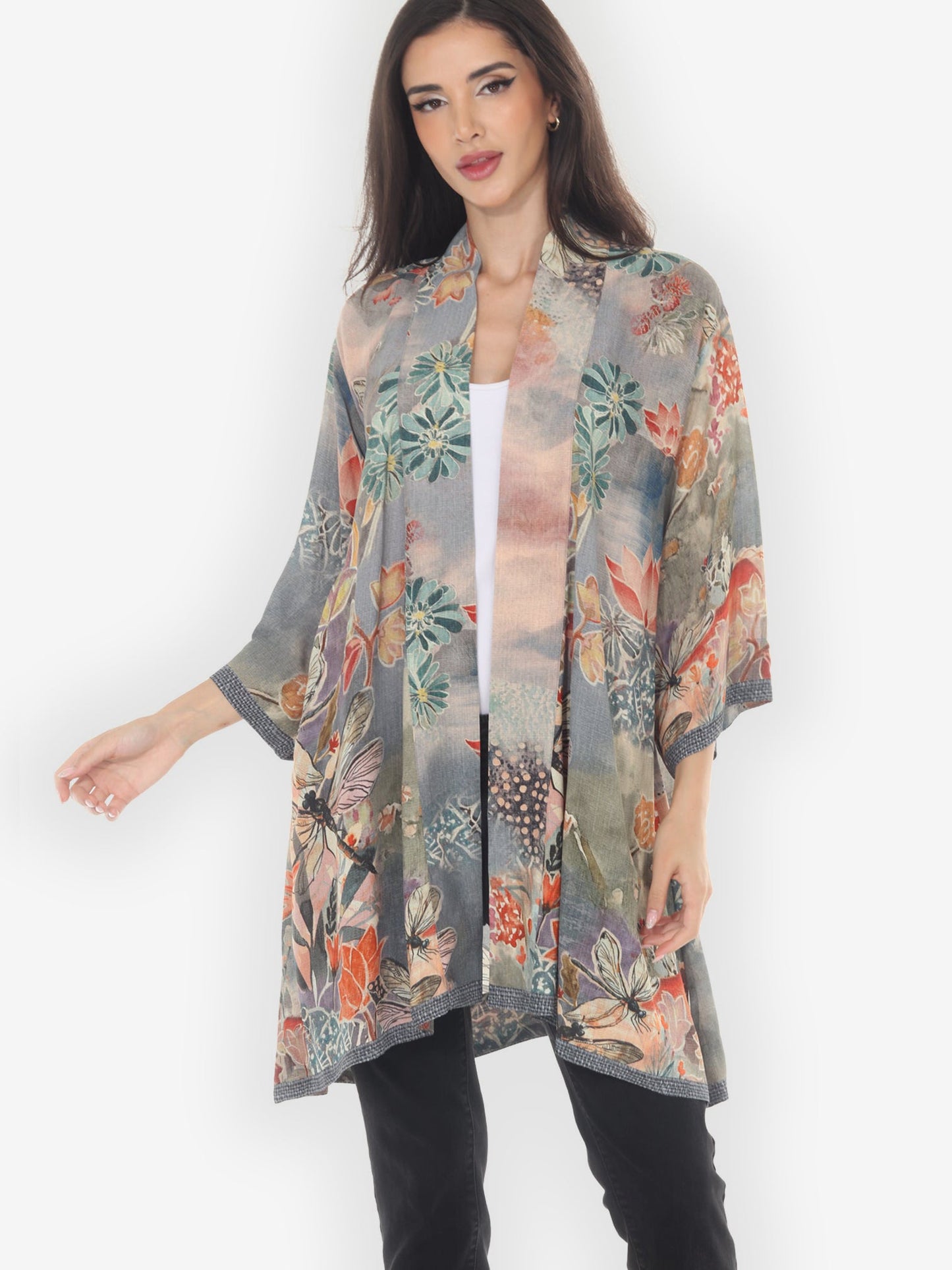 Open Front Kimono Japanese Modern Dragonfly Kimono Jacket