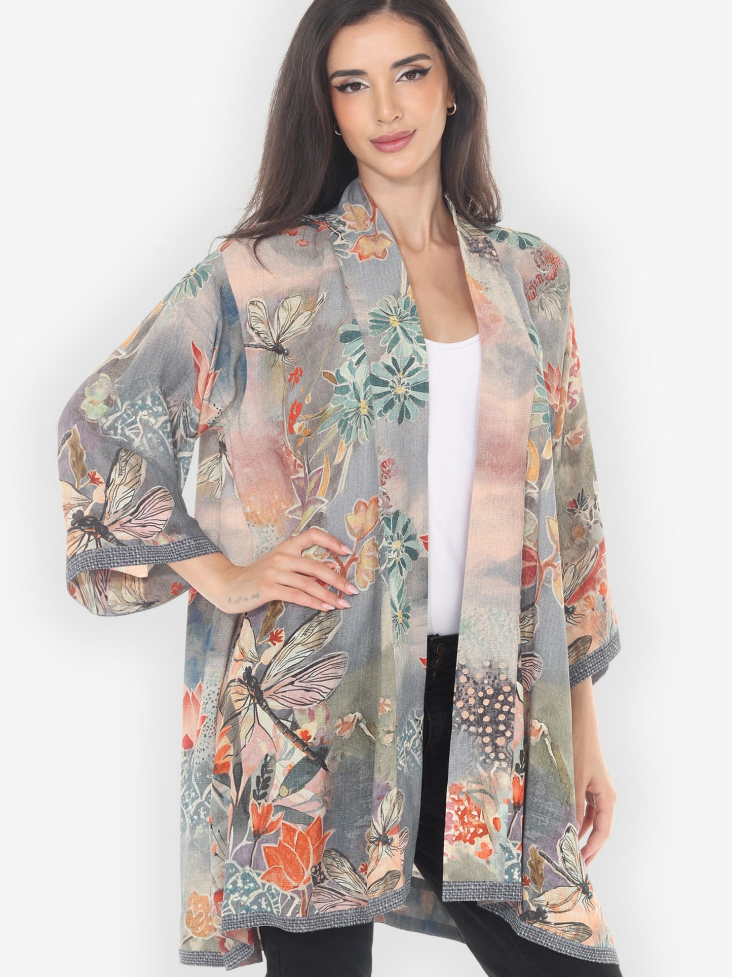 Open Front Kimono Japanese Modern Dragonfly Kimono Jacket