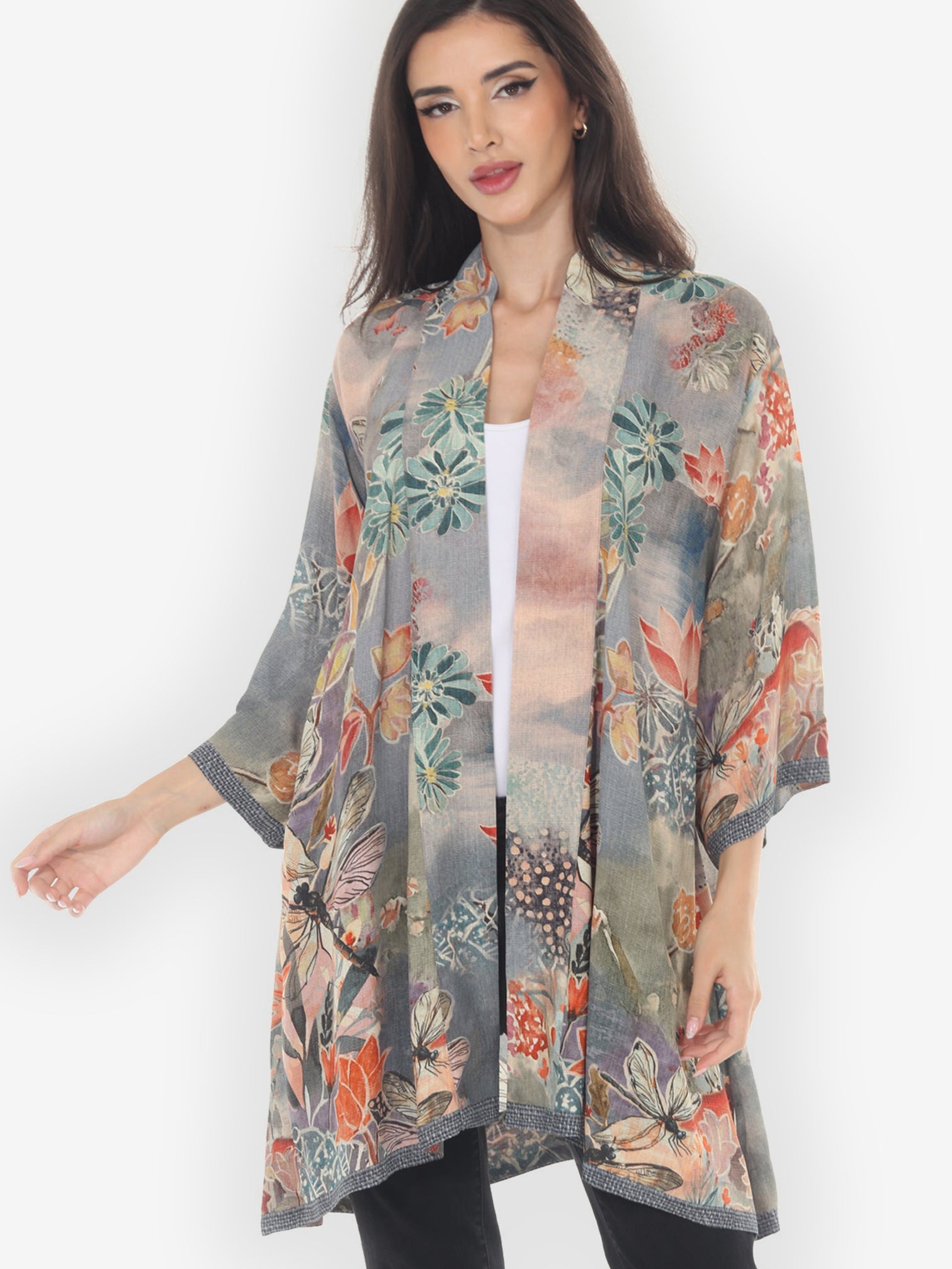Open Front Kimono Japanese Modern Dragonfly Kimono Jacket