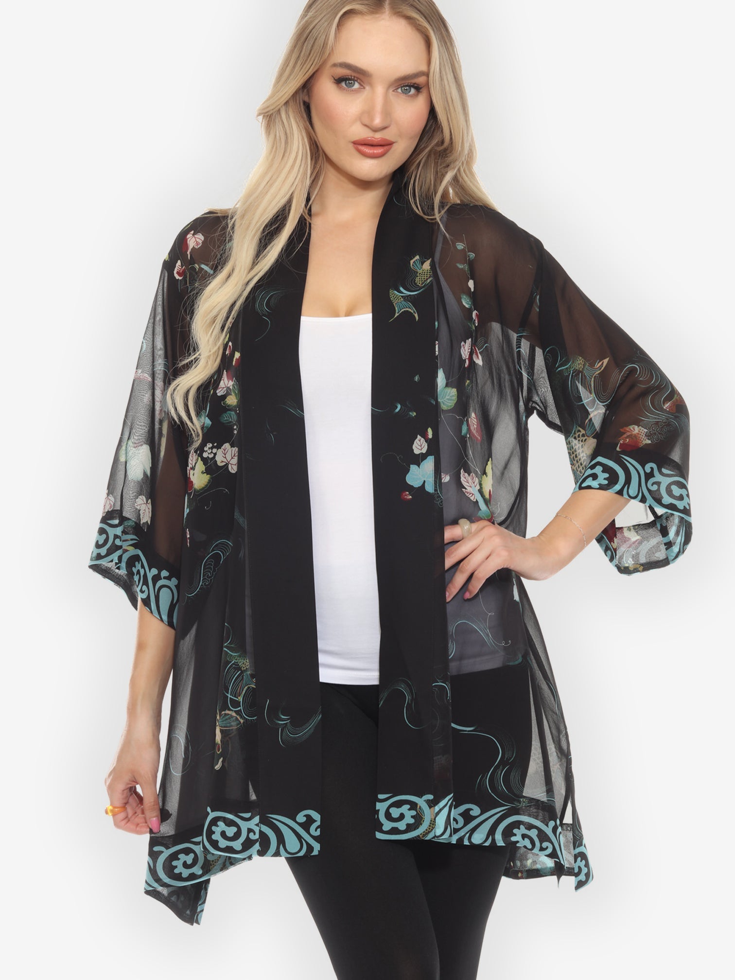 Open Front Kimono Koi and Leaves Silk Kimono Jacket