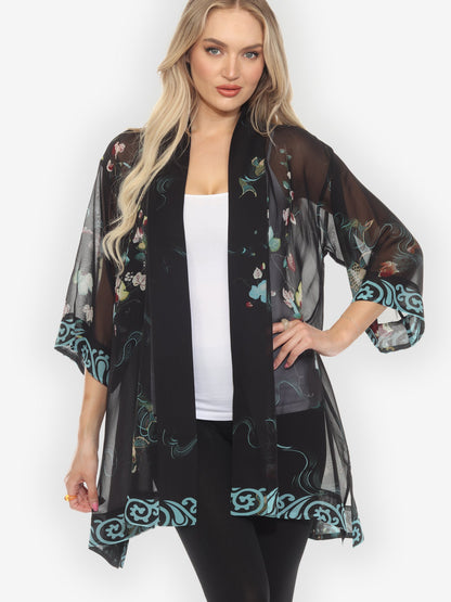 Open Front Kimono Koi and Leaves Silk Kimono Jacket