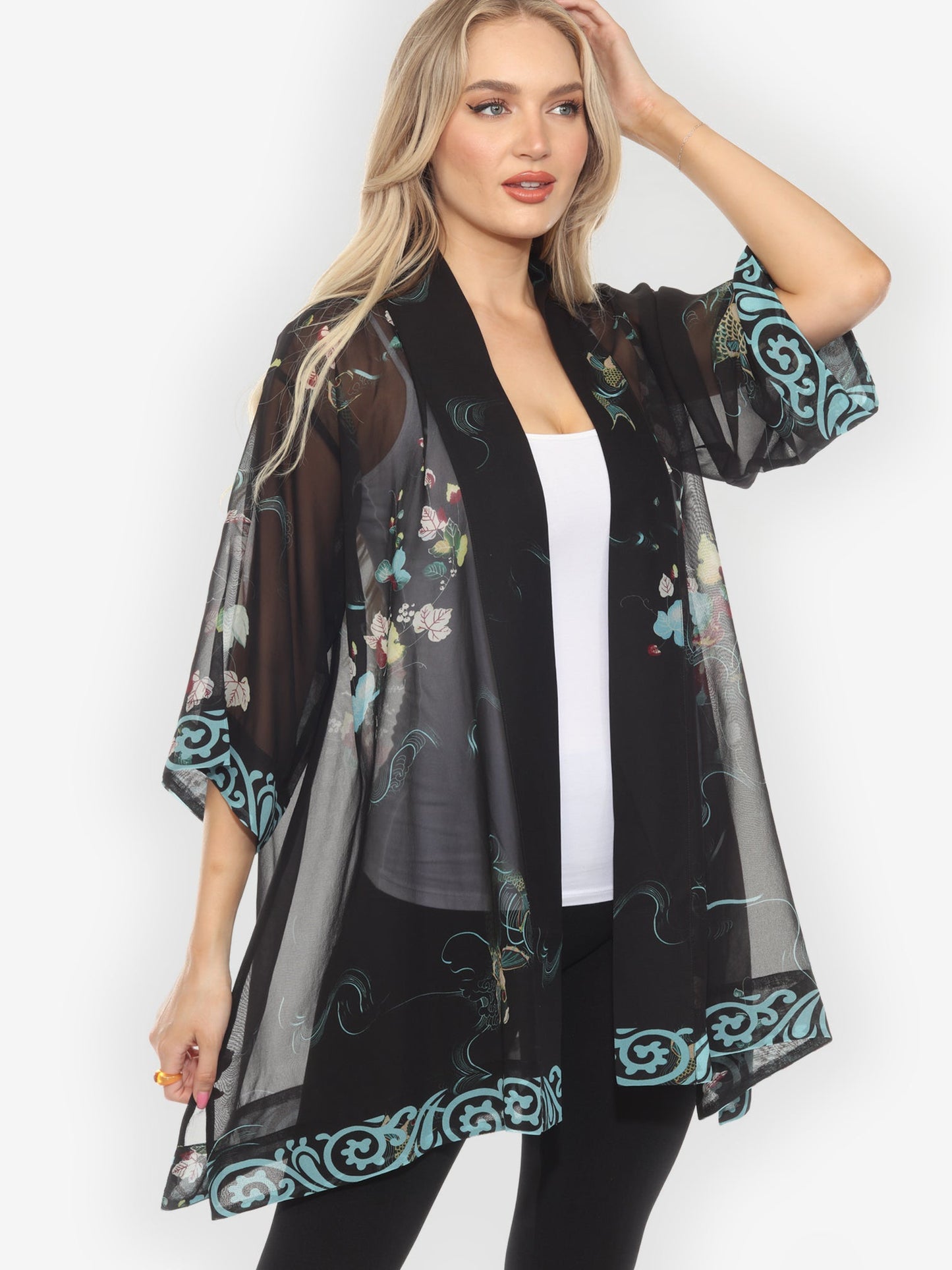 Open Front Kimono Koi and Leaves Silk Kimono Jacket