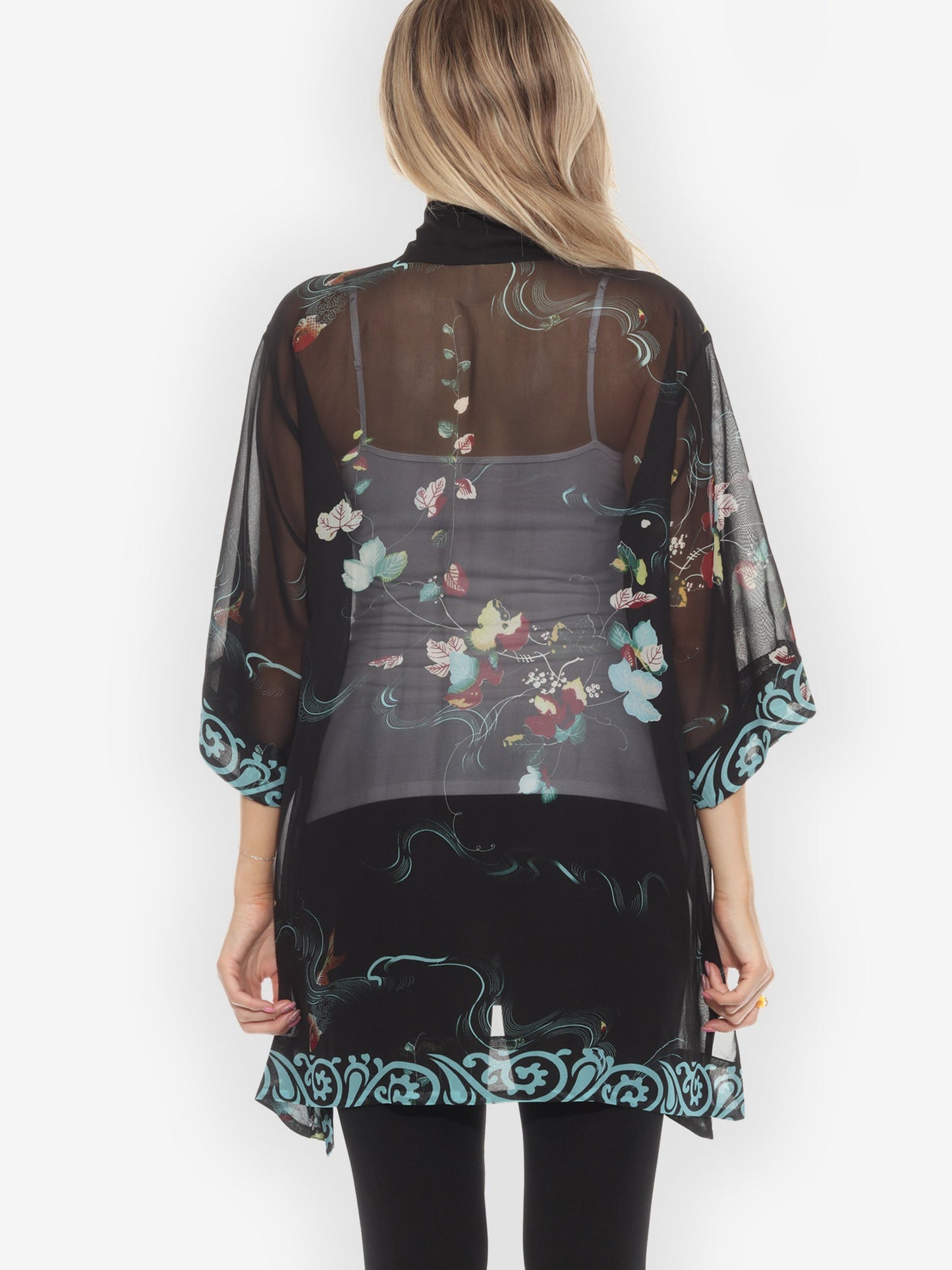 Open Front Kimono Koi and Leaves Silk Kimono Jacket