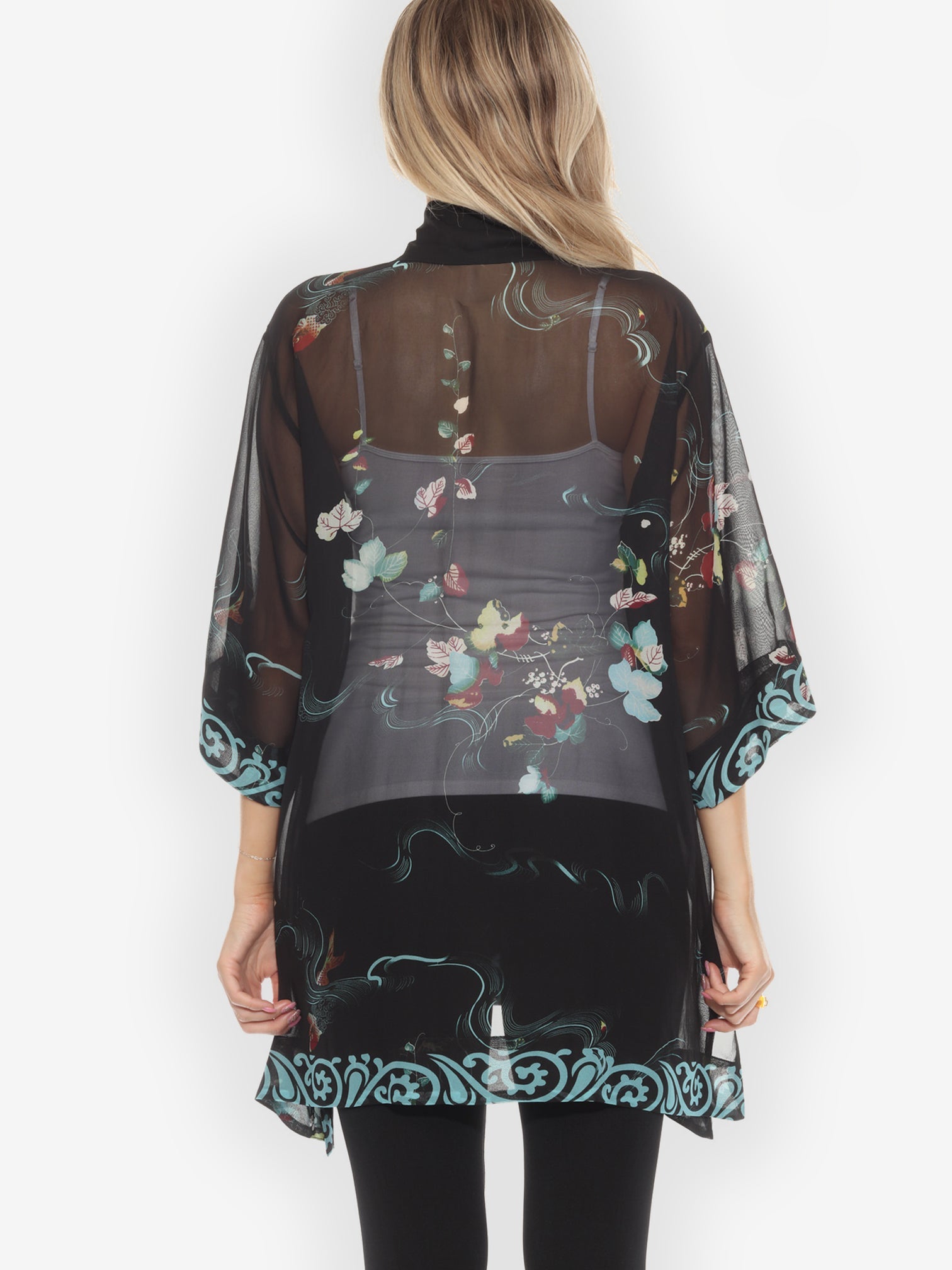 Open Front Kimono Koi and Leaves Silk Kimono Jacket