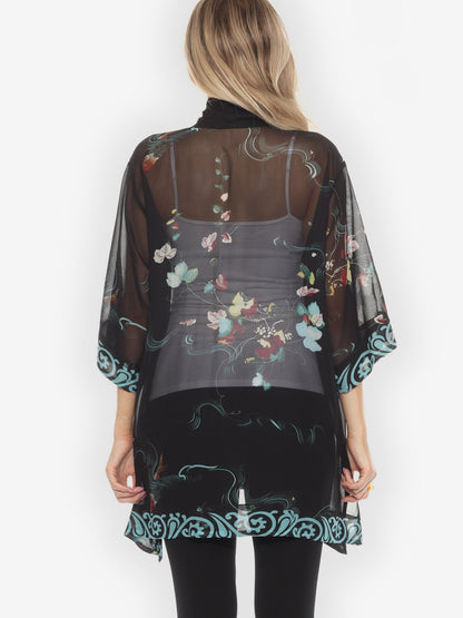 Open Front Kimono Koi and Leaves Silk Kimono Jacket