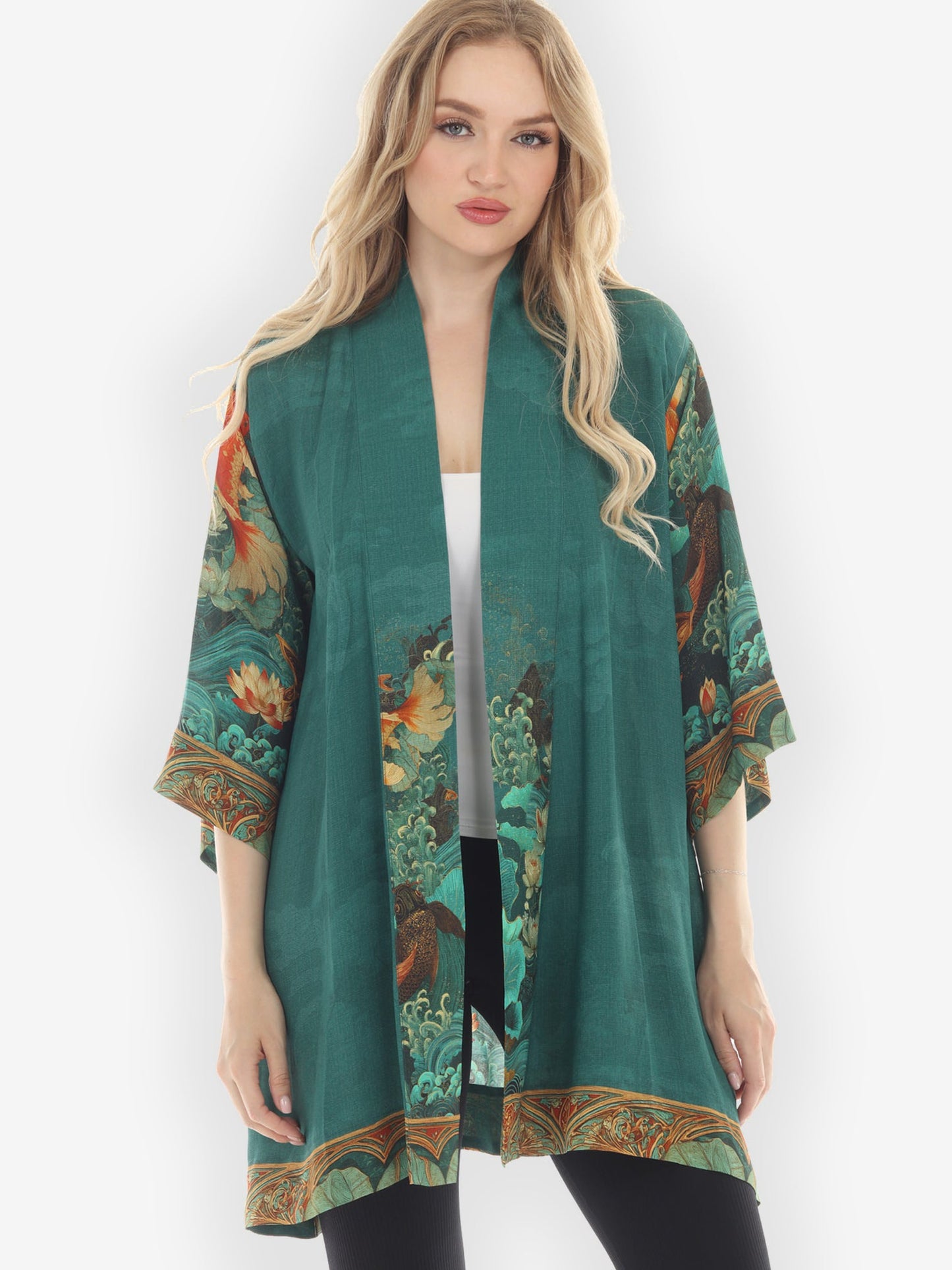 Open Front Kimono Koi Fish Sea Wave Kimono Jacket