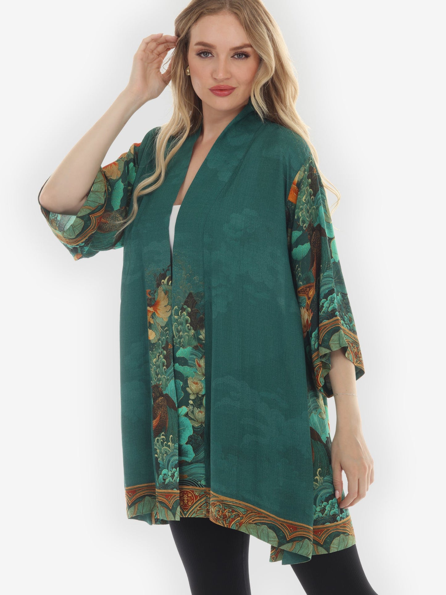 Open Front Kimono Koi Fish Sea Wave Kimono Jacket