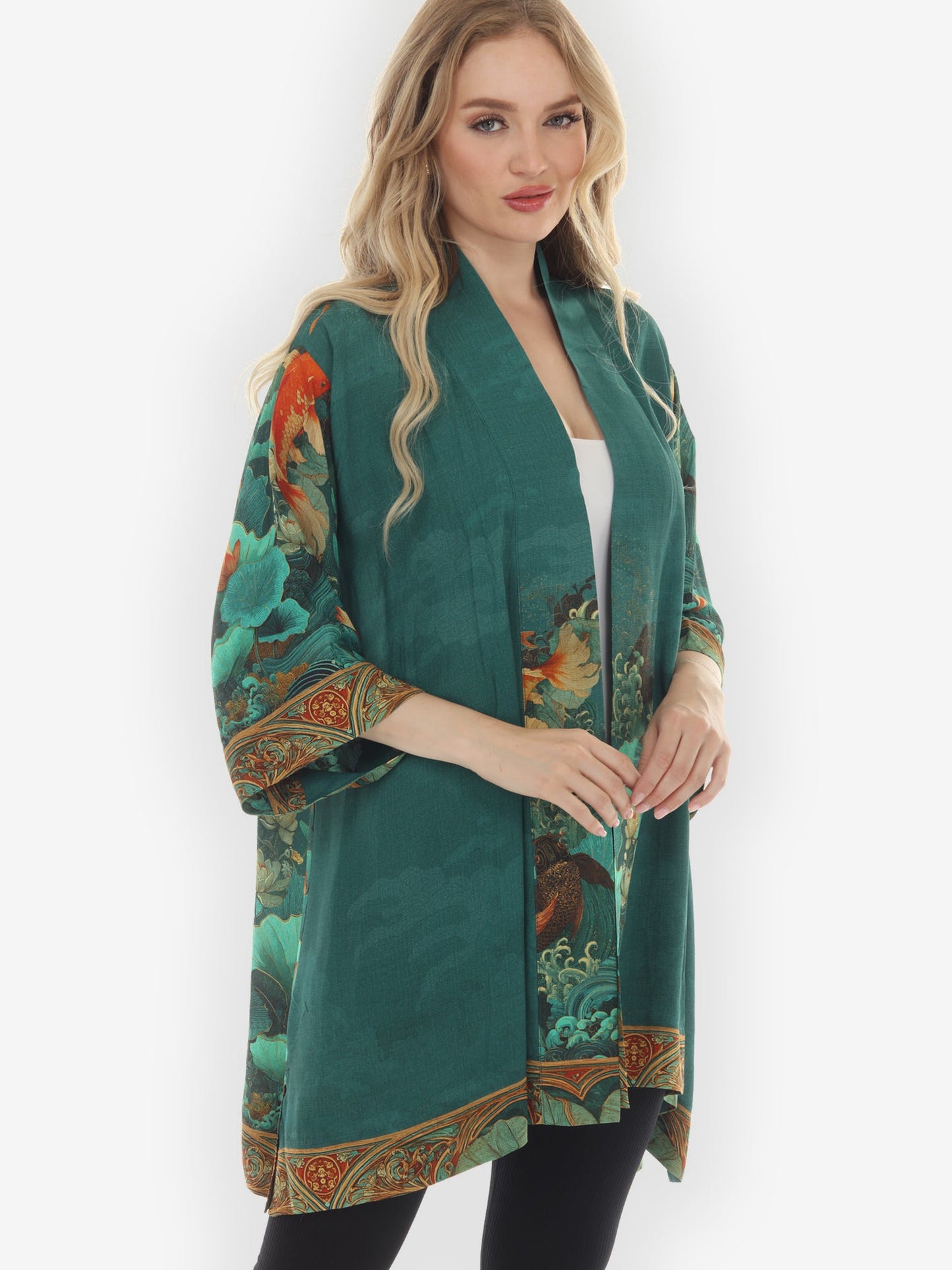 Open Front Kimono Koi Fish Sea Wave Kimono Jacket