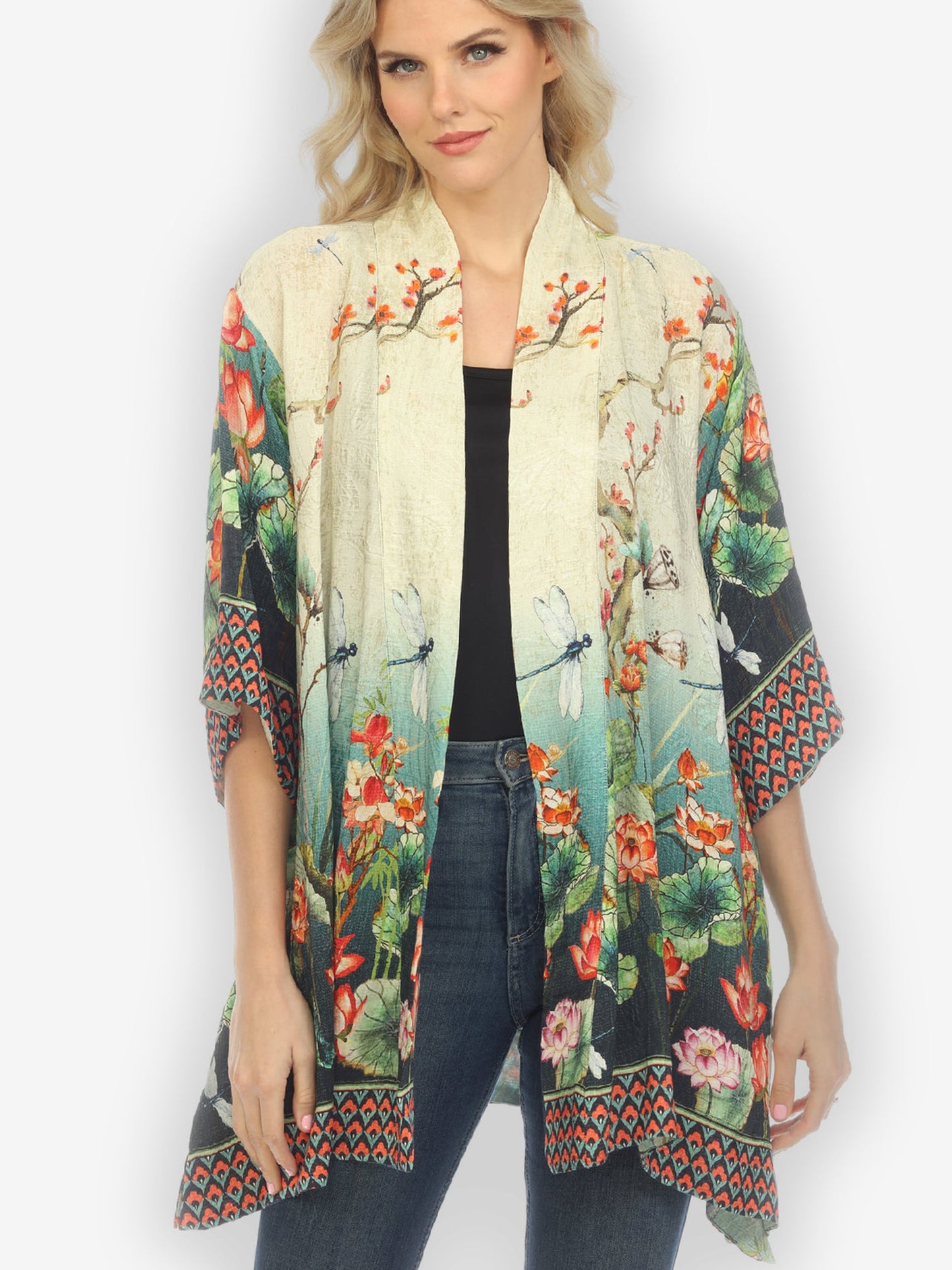 Kimono Lotus with Dragonfly Silk Kimono