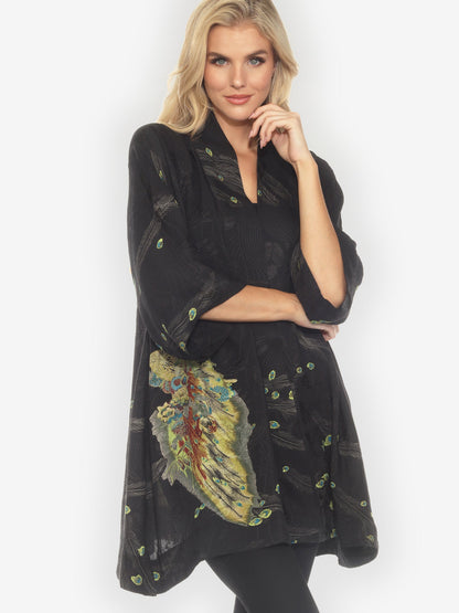 Open Front Kimono Peacock Floral Black Silk Kimono Jacket