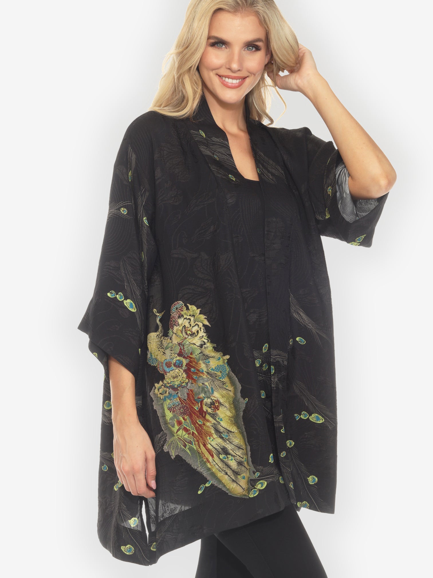 Open Front Kimono Peacock Floral Black Silk Kimono Jacket
