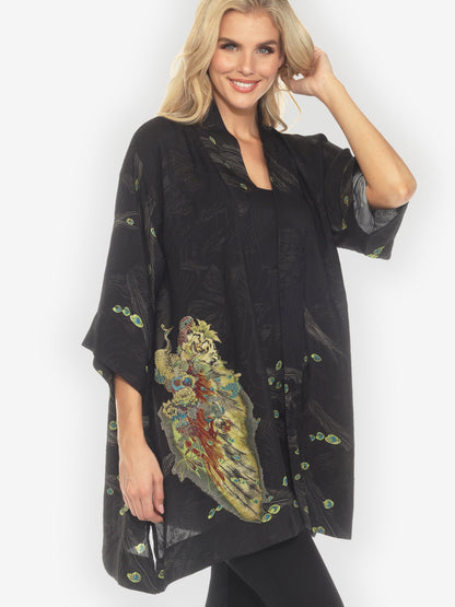 Open Front Kimono Peacock Floral Black Silk Kimono Jacket