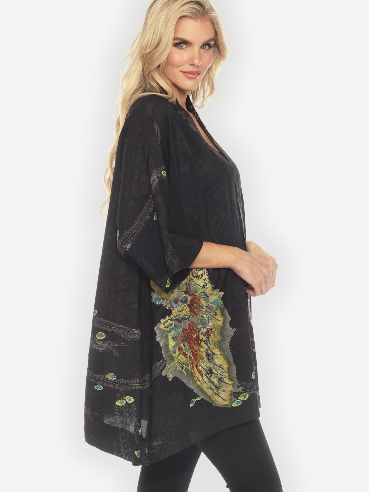 Open Front Kimono Peacock Floral Black Silk Kimono Jacket