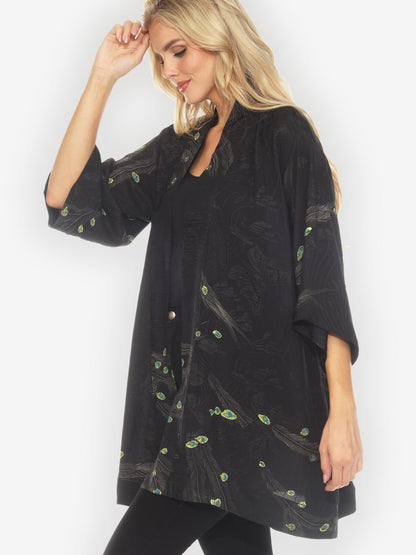 Open Front Kimono Peacock Floral Black Silk Kimono Jacket