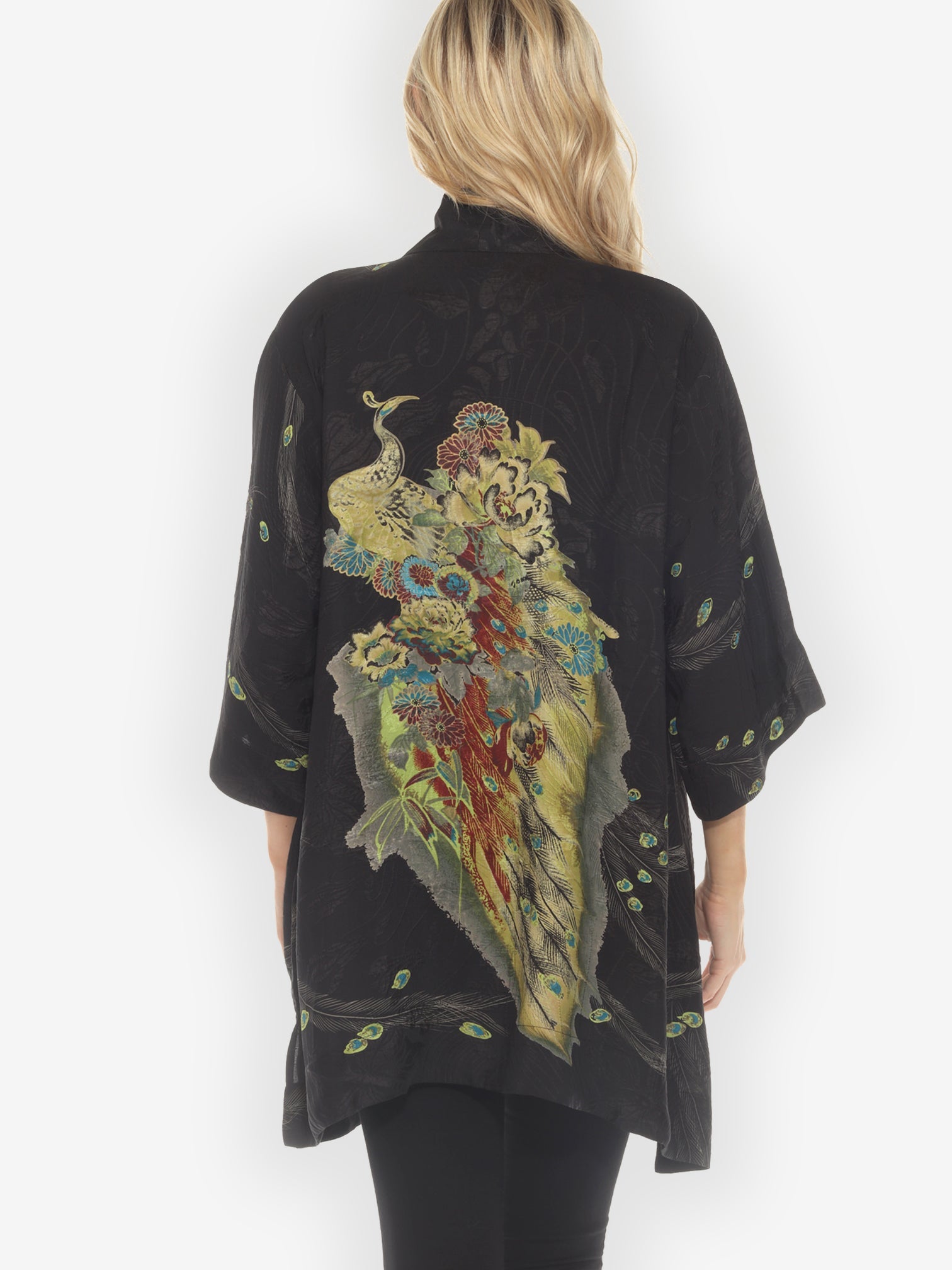 Open Front Kimono Peacock Floral Black Silk Kimono Jacket