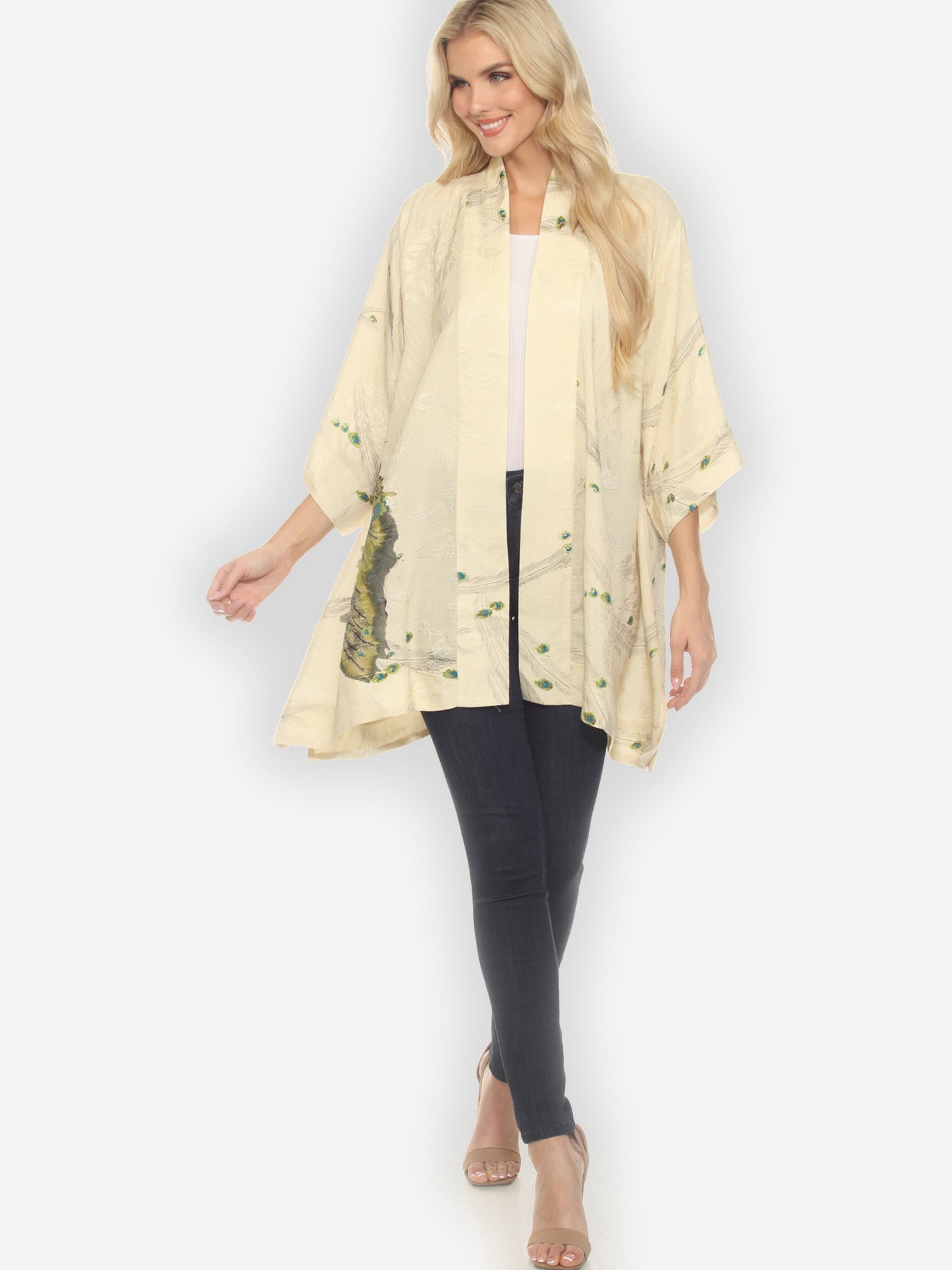 Open Front Kimono Peacock Floral White Silk Kimono Jacket