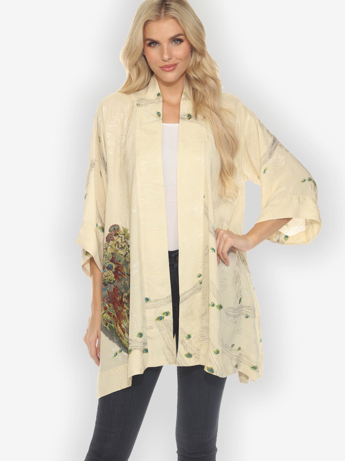 Open Front Kimono Peacock Floral White Silk Kimono Jacket