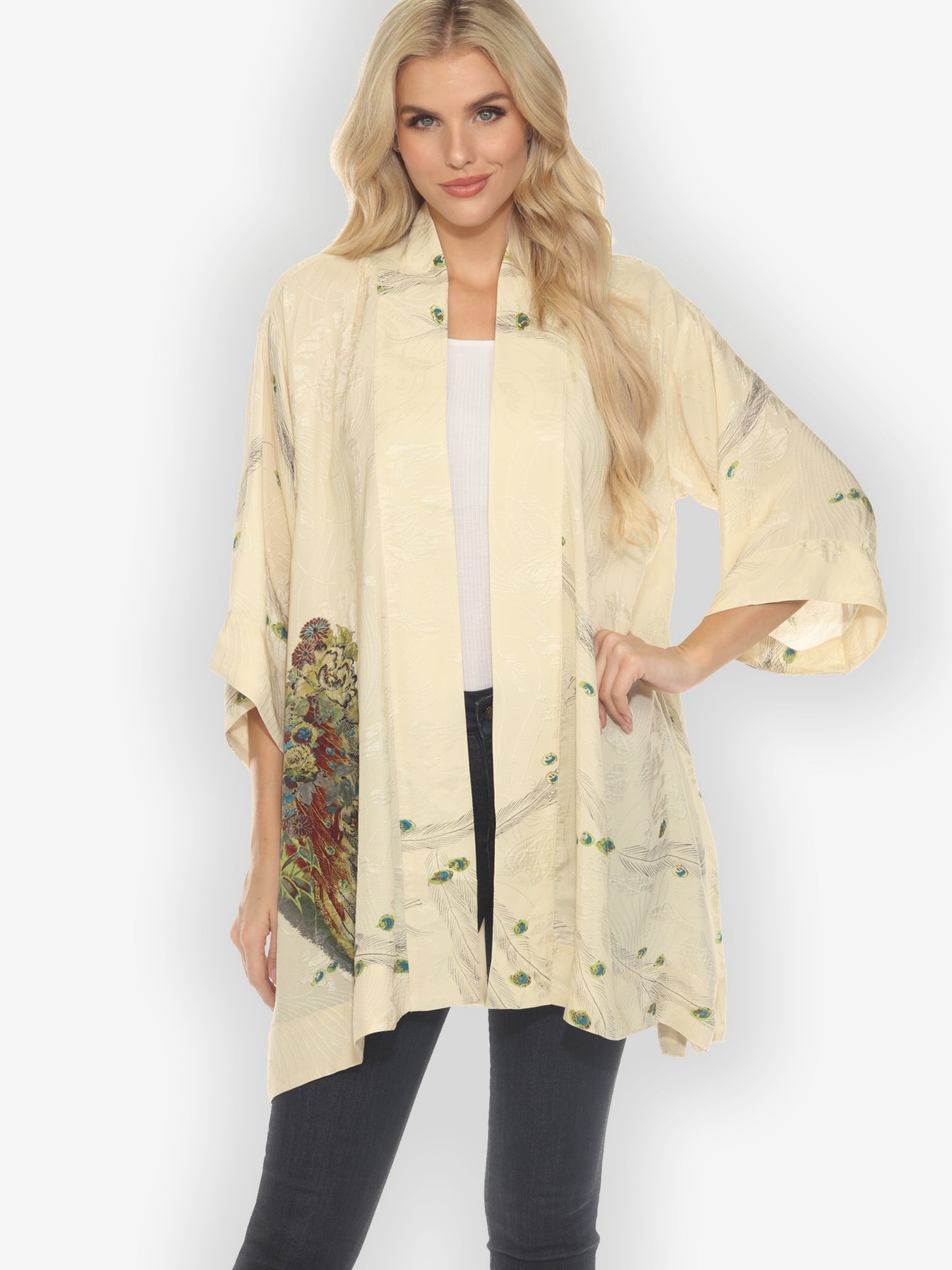 Open Front Kimono Peacock Floral White Silk Kimono Jacket
